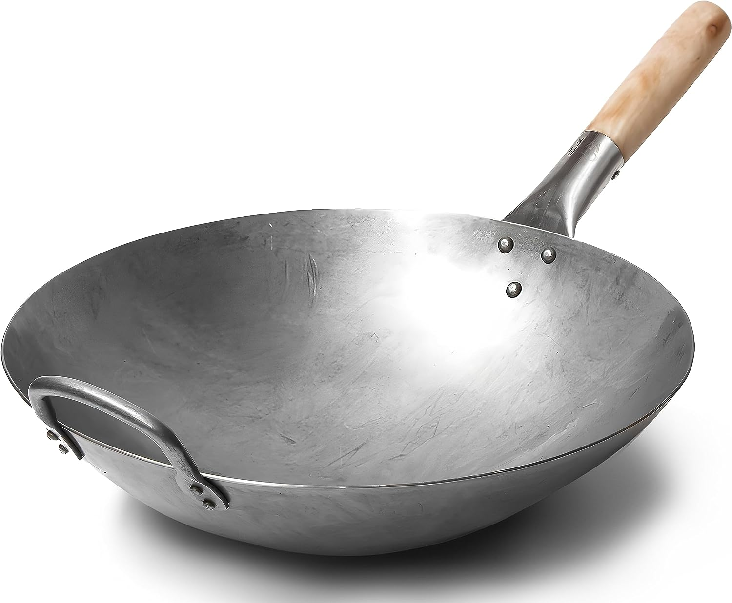 Traditional Hand Hammered Chinese Carbon Steel Wok with Wooden and Steel Helper Handle (14 Inch, round Bottom Pow Wok Pan) / 731W88