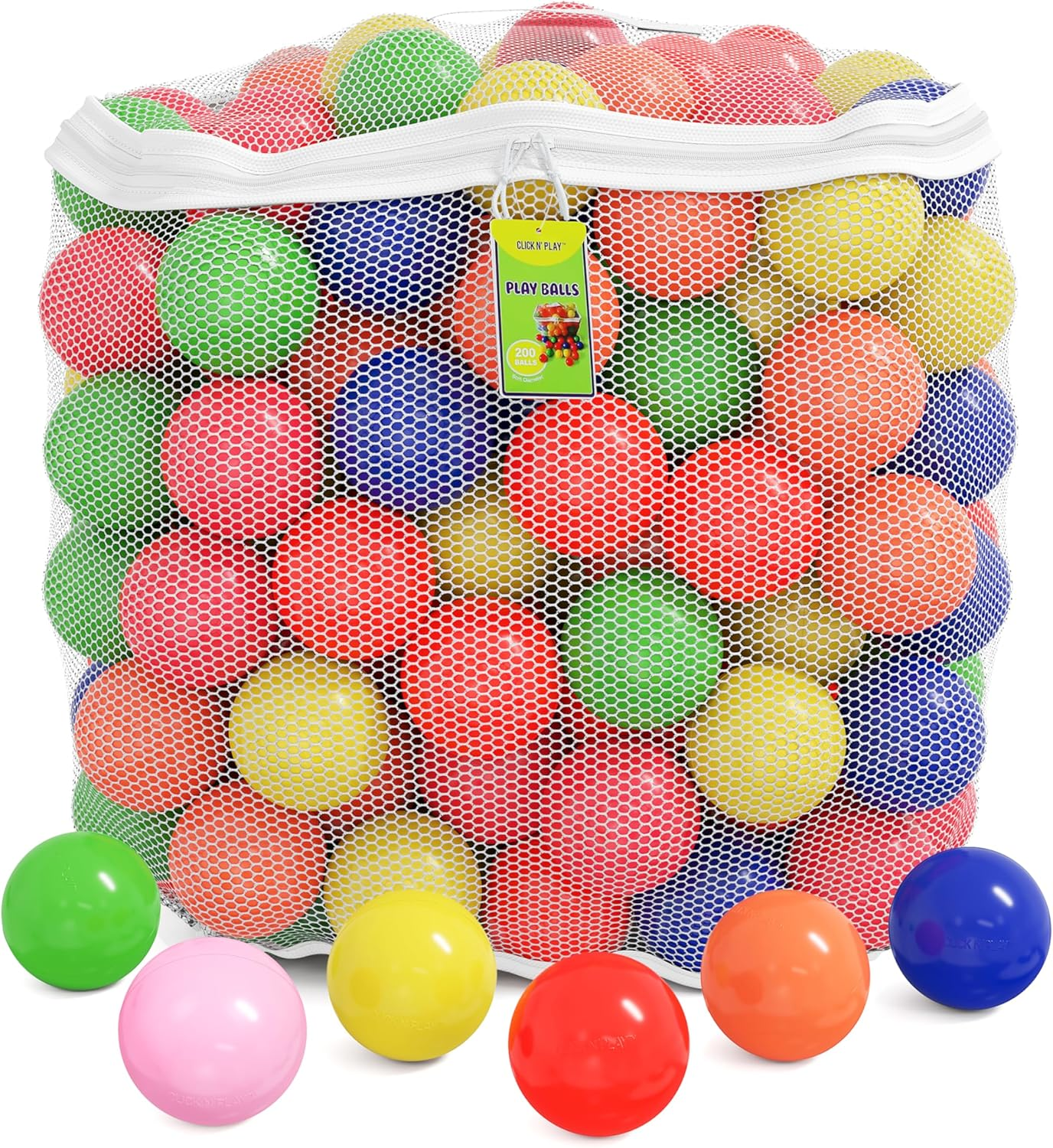 Click N' Play Ball Pit Balls for Kids, Plastic Refill Balls, 200 Pack, Phthalate and BPA Free, Includes a Reusable Storage Bag with Zipper, Bright Colors, Gift for Toddlers and Kids