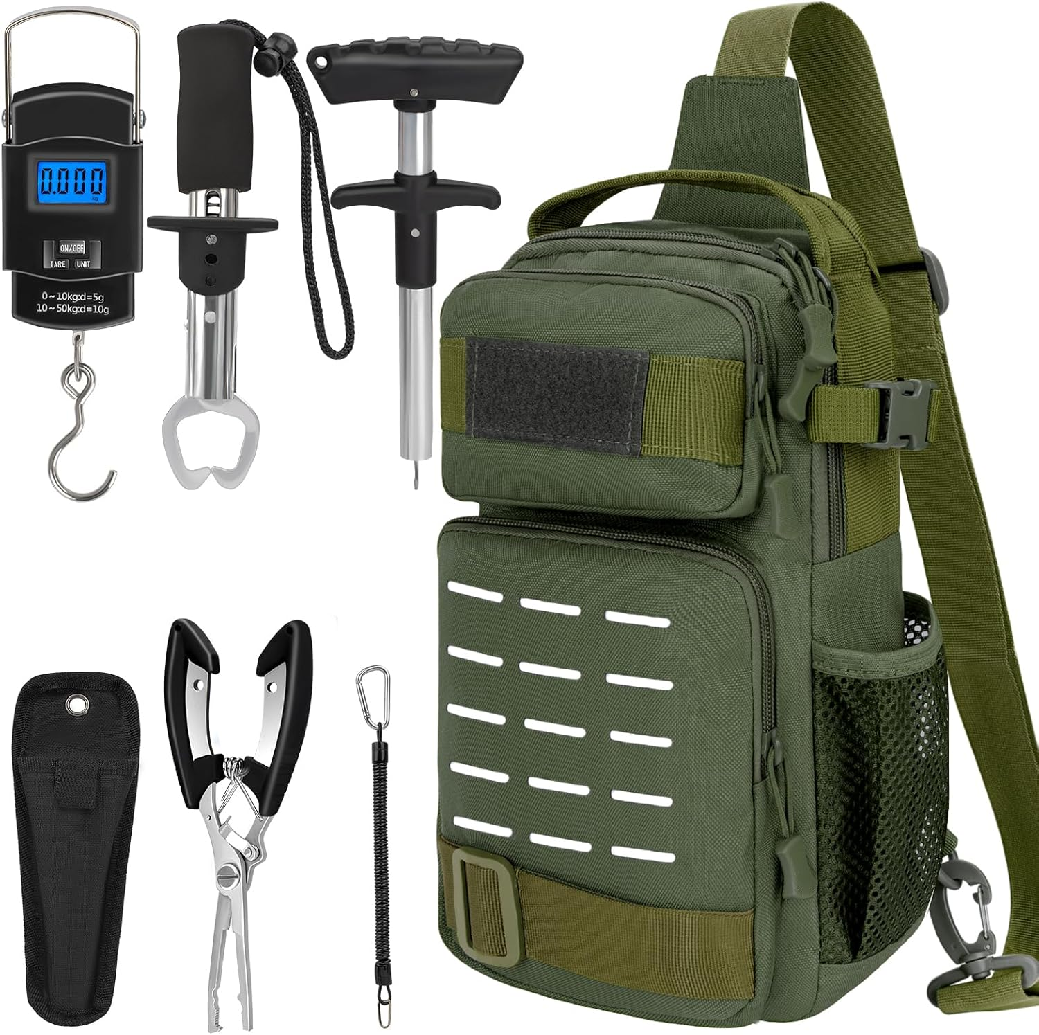 7Pcs Fishing Backpack with Fishing Pliers Kit, Tactical Fish Sling Tackle Bag Included Fishing Tackle Kit, Digital Fishing Gear Weight Scale, Fish Hook Remover Tools