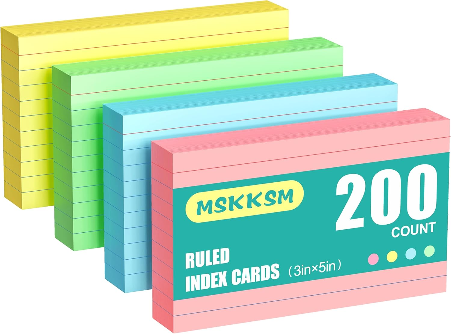 Colored Index Cards 3X5 Inch - 200 Pack, Ruled Index Flash Cards for Studying, Lined Index Note Cards 3
