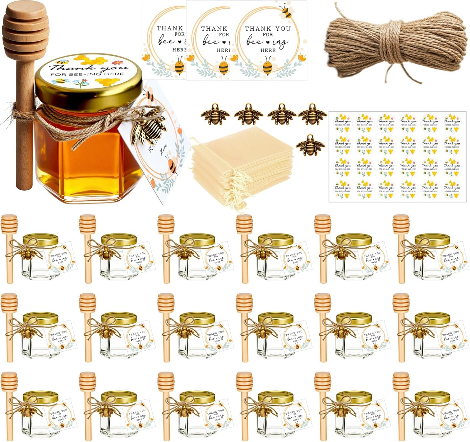 Adabocute 20 Pack Mini Honey Jars with Dipper - Perfect for Baby Shower Favors and Wedding Favors - Includes Bee Pendants Tags and Jute Bags - Gold Lid