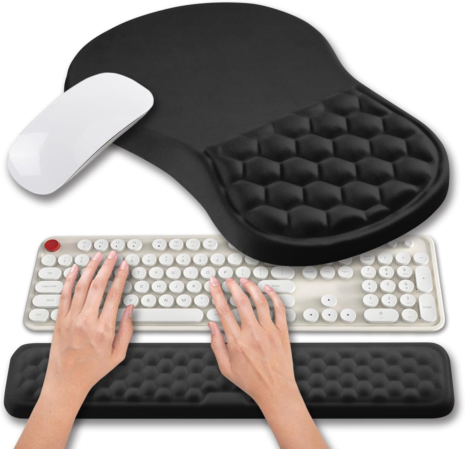 2 in 1 Ergonomic Mouse Pad Wrist Support & Wrist Rest for Computer Keyboard Set, with Relieve Carpal Tunnel Pain Massage Bulge and Full Memory Gel Design (2In1 Set, Black)