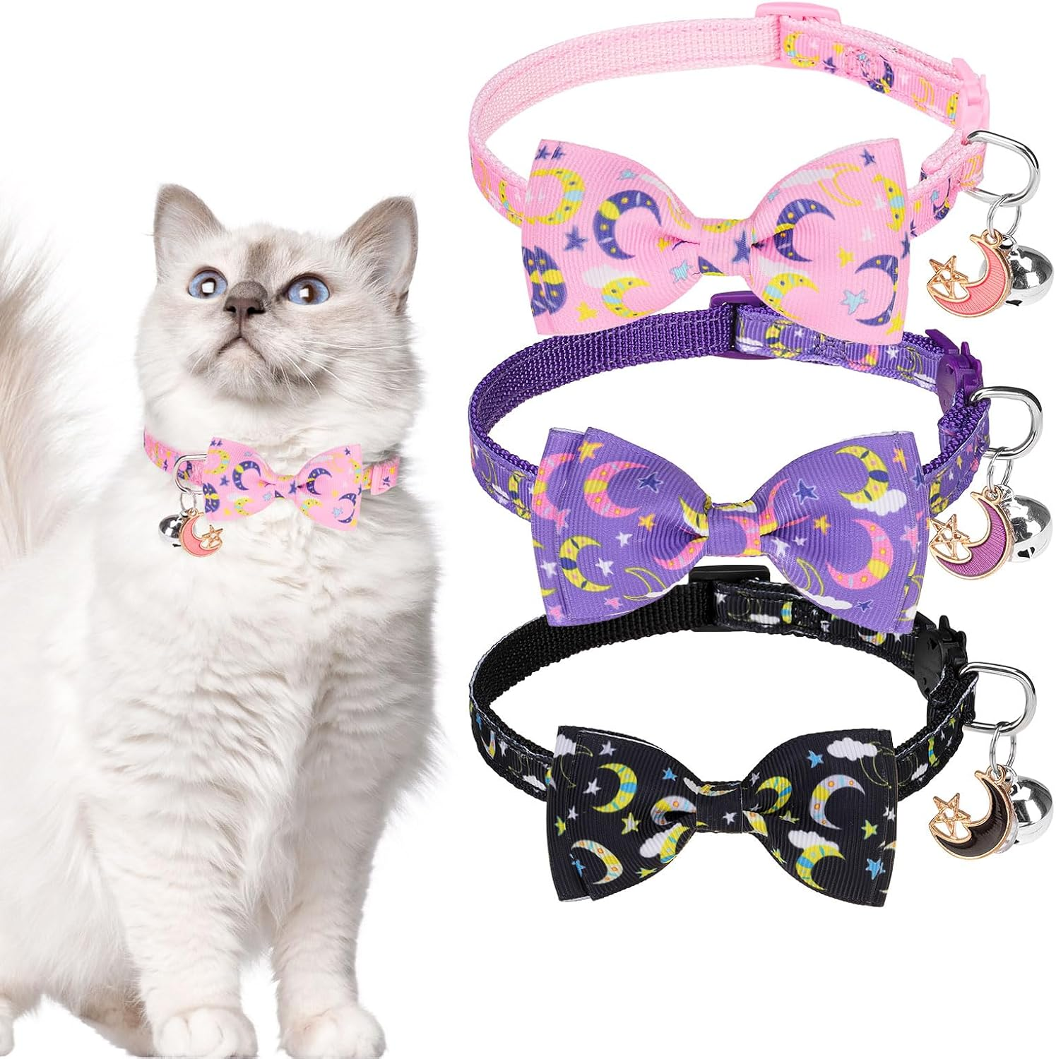 Cat Collar Breakaway 3 Pack - Safety Kitten Collar with Bells Moons Stars Bowtie, Spring Summer Pet Accessory for for Girl Boy Male Outdoor and House Cats Kitty Adjustable 7''-12''
