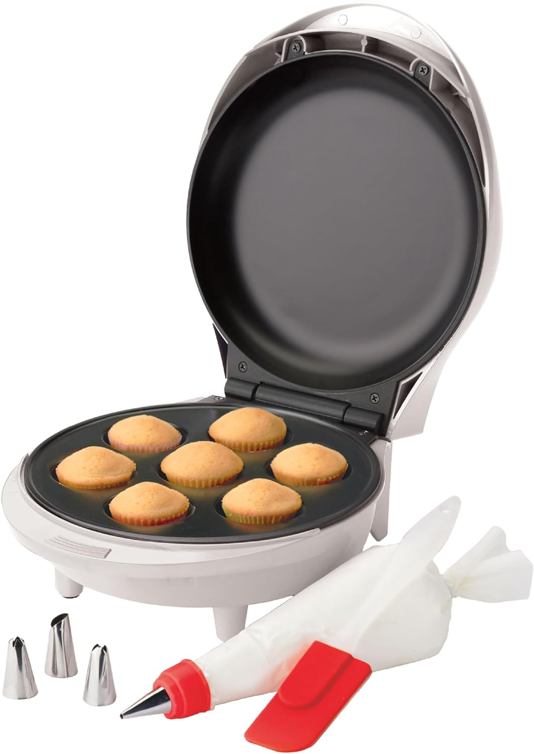 Mini Cupcake Factory, with Nonstick Surface, Mini Cupcake Machine with Cool Touch Handle & Makes 7 Delicious Cupcakes in Minutes, Pink/White