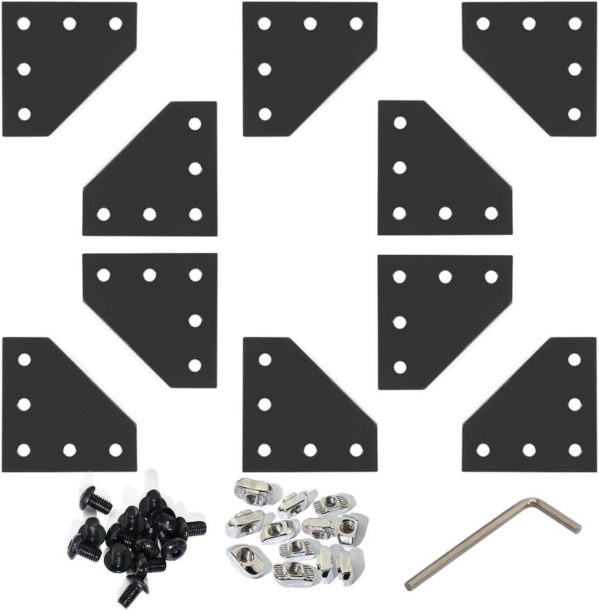 10Pcs 2020 Series 5 Hole Surface Anodic Oxidation L Shape Plate outside Corner Bracket Aluminum Profile Connector Set with 50Pcs T Nut + 50Pcs Hex Screw + 1Pcs Wrench Black