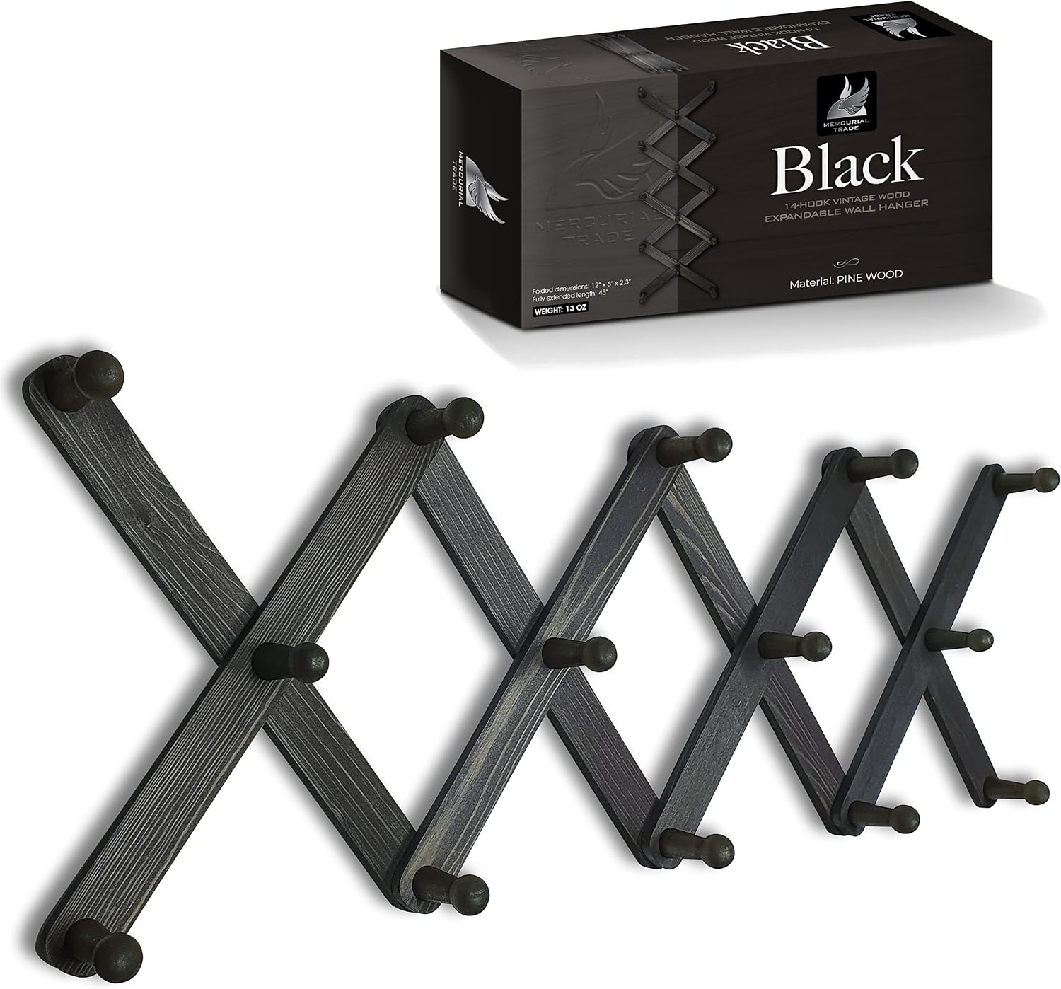 Expandable Wooden Coat Rack Hanger - Accordion Wall Hanger with Expanding Wall Pegs | Hand Made Vintage Wooden Hat Rack for Wall | Hang Coat, Jacket, Hat | Wall Rack – 14 Hook, Black
