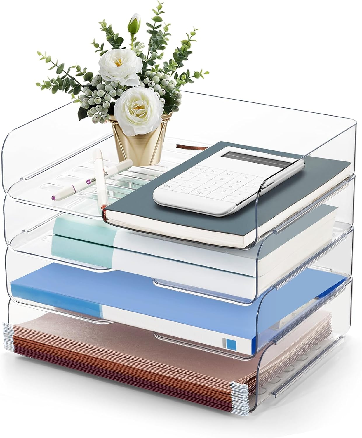 Desk Organizer and Storage,4-Tier Paper Letter Tray Organizers,Stackable Clear Desktop Organizer for Documents,Book Magazine Storage,Office Supplies, (Clear,4 Pack)