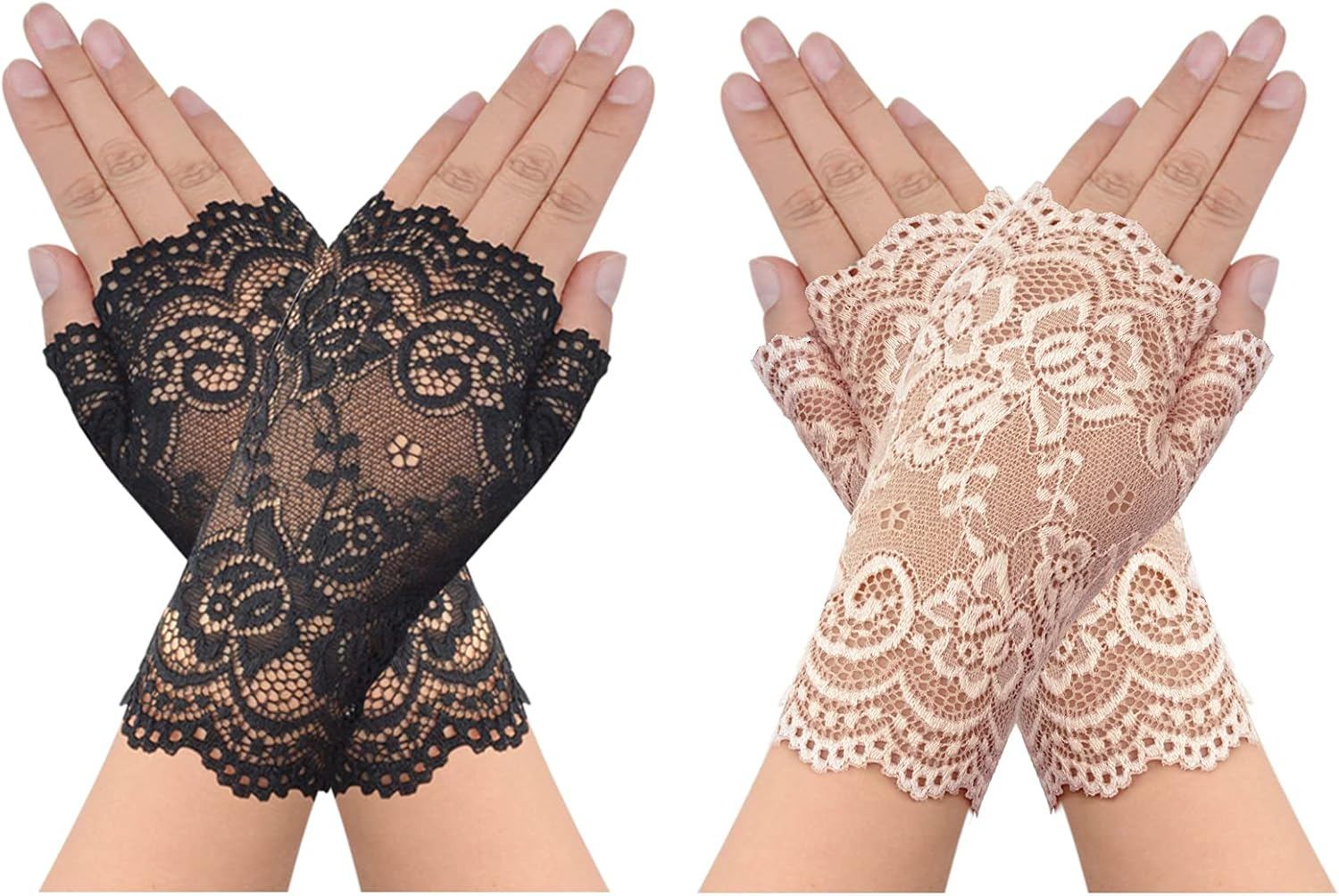 2 Pairs Women's Lace Gloves Fingerless Floral Gloves for Bridal Prom Wedding Party Costume Accessories