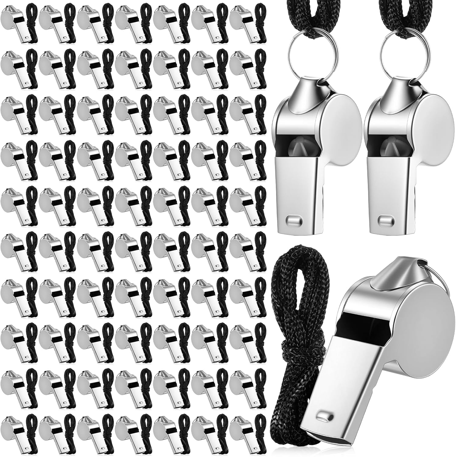 Whistle Bulk 100 Pcs Stainless Steel Loud Metal Professional Black Lanyard