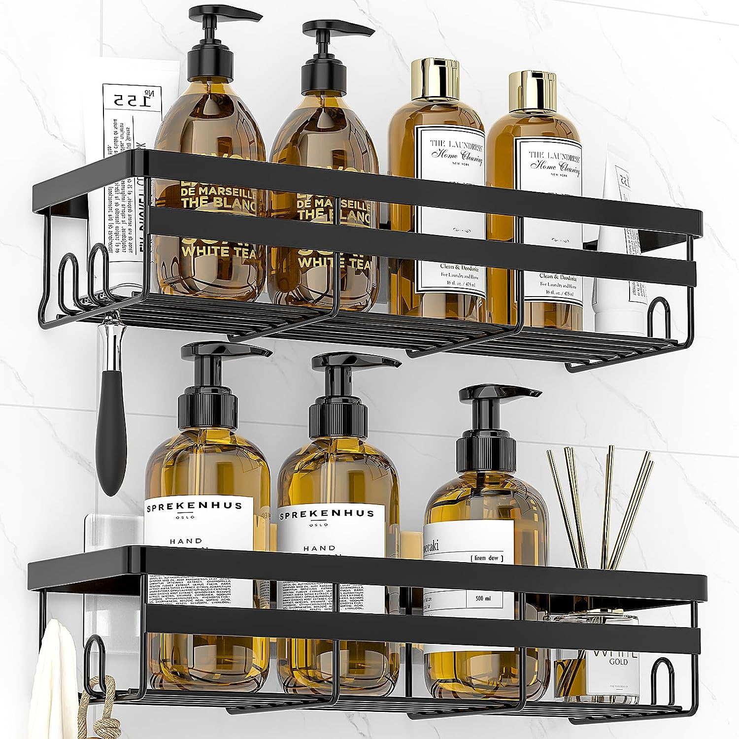 Adhesive Shower Caddy Shelf, 2 Pack - Hanging Bathroom Organizer, No Drilling Stainless Black Shelves for Storage & Home Decor