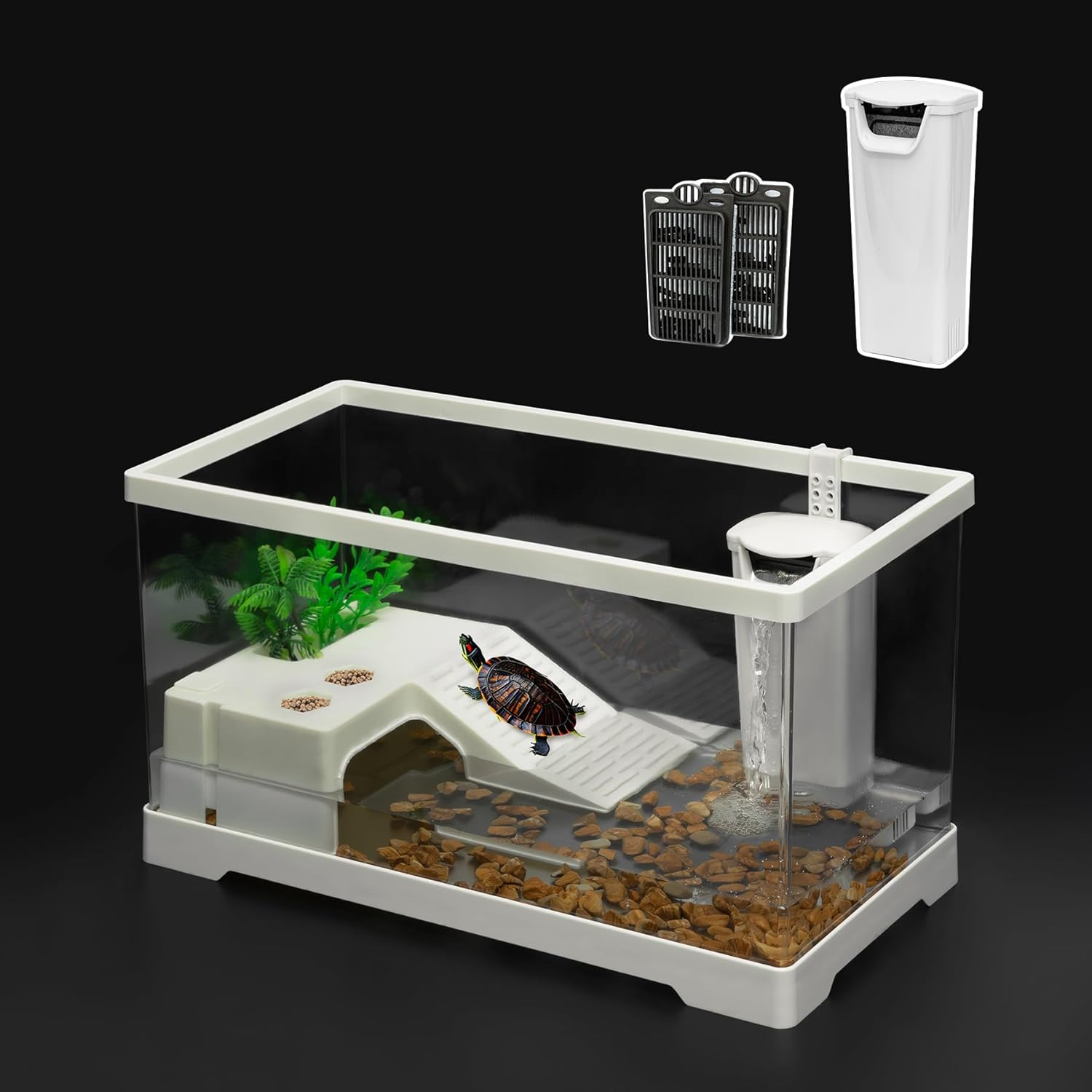 Small PC Turtle Tank,All in One Turtle Water Enclosure Starter Terrarium,Bottom Drainage Plug,Aquatic Baby Tortoise Habitat for Fishes and Amphibians,Include Silent Filter and 2 Filter Plates