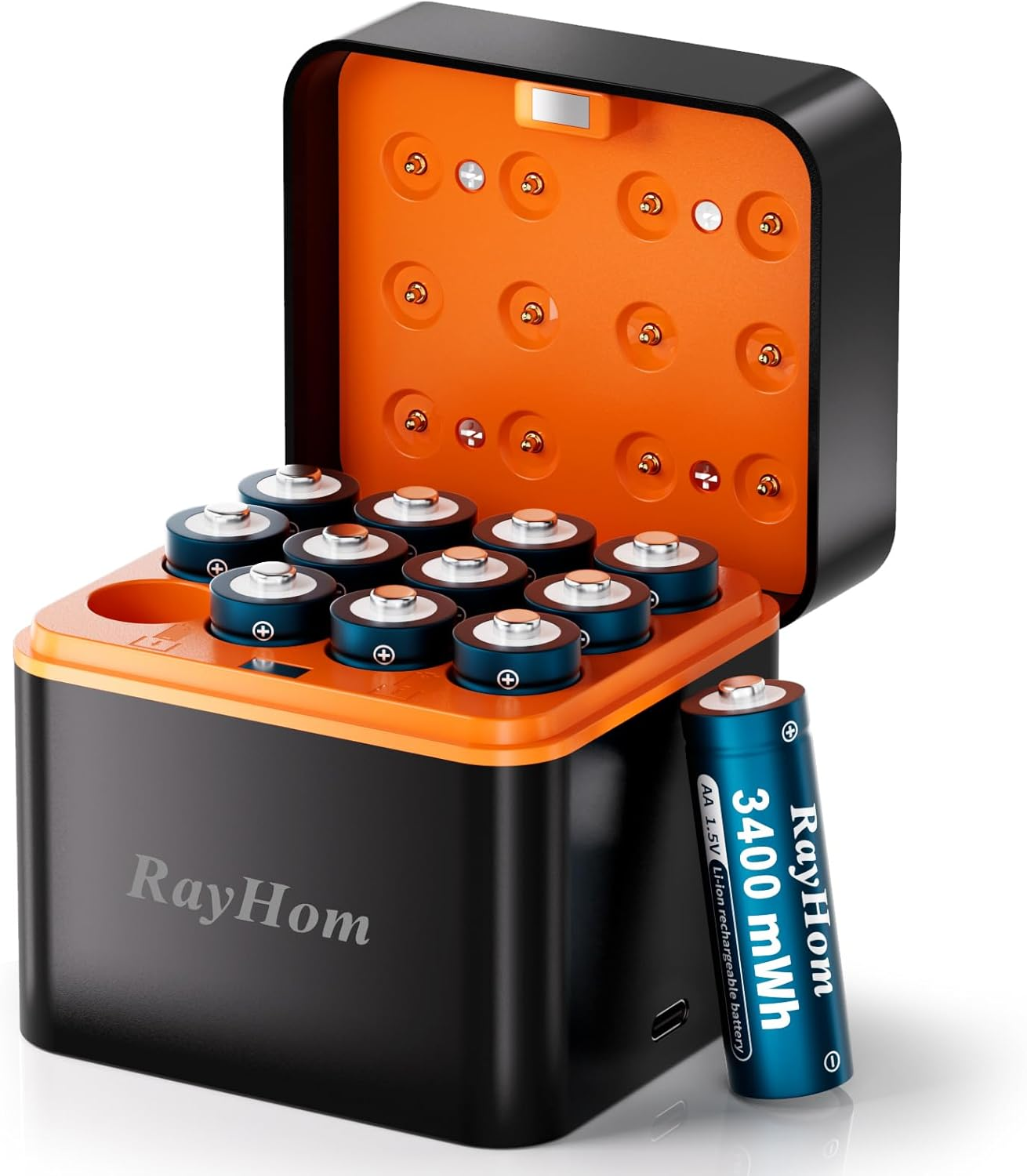 Rayhom 12-Pack Rechargeable Lithium Aa Batteries with Charger, 1.5V Constant Output, 3400Mwh High Capacity, 12-Slot Double a Li-Ion Charger with Smart Charging, Multiple Charging Protections
