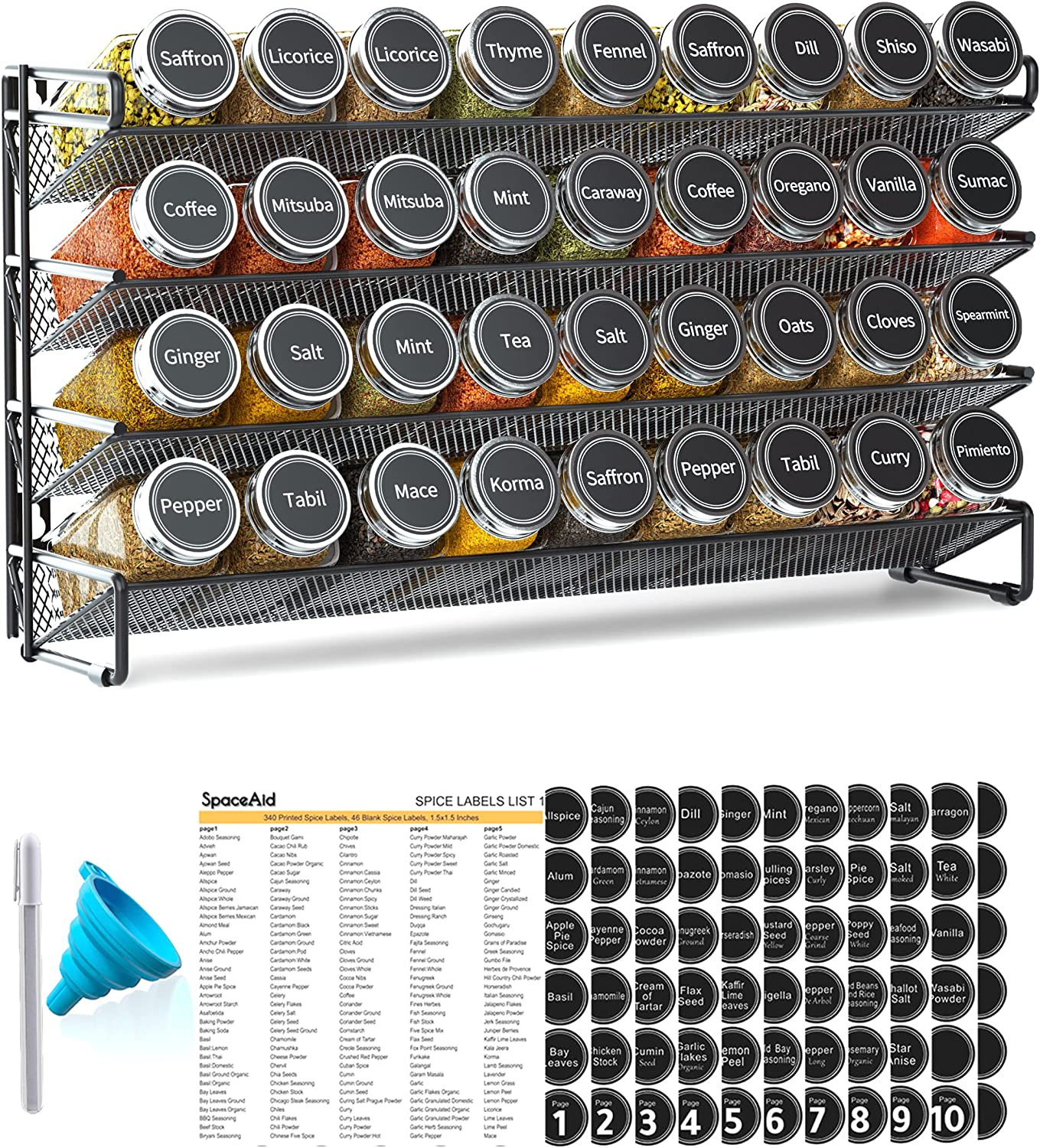 Spice Rack Organizer with 36 Spice Jars, 386 Spice Labels, Chalk Marker and Funnel Set for Cabinet, Countertop, Pantry, Cupboard or Door & Wall Mount - 36 Jars, 17.2