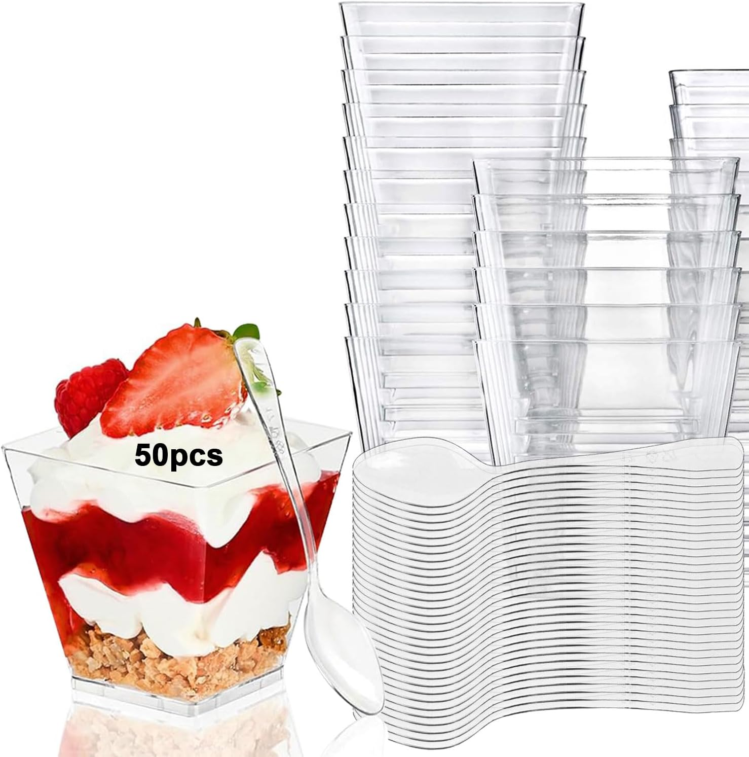 50 Pcs Dessert Cups, 200ml/7oz Clear Plastic Cups with Lids & Spoons, Small R... - Picture 10 of 13