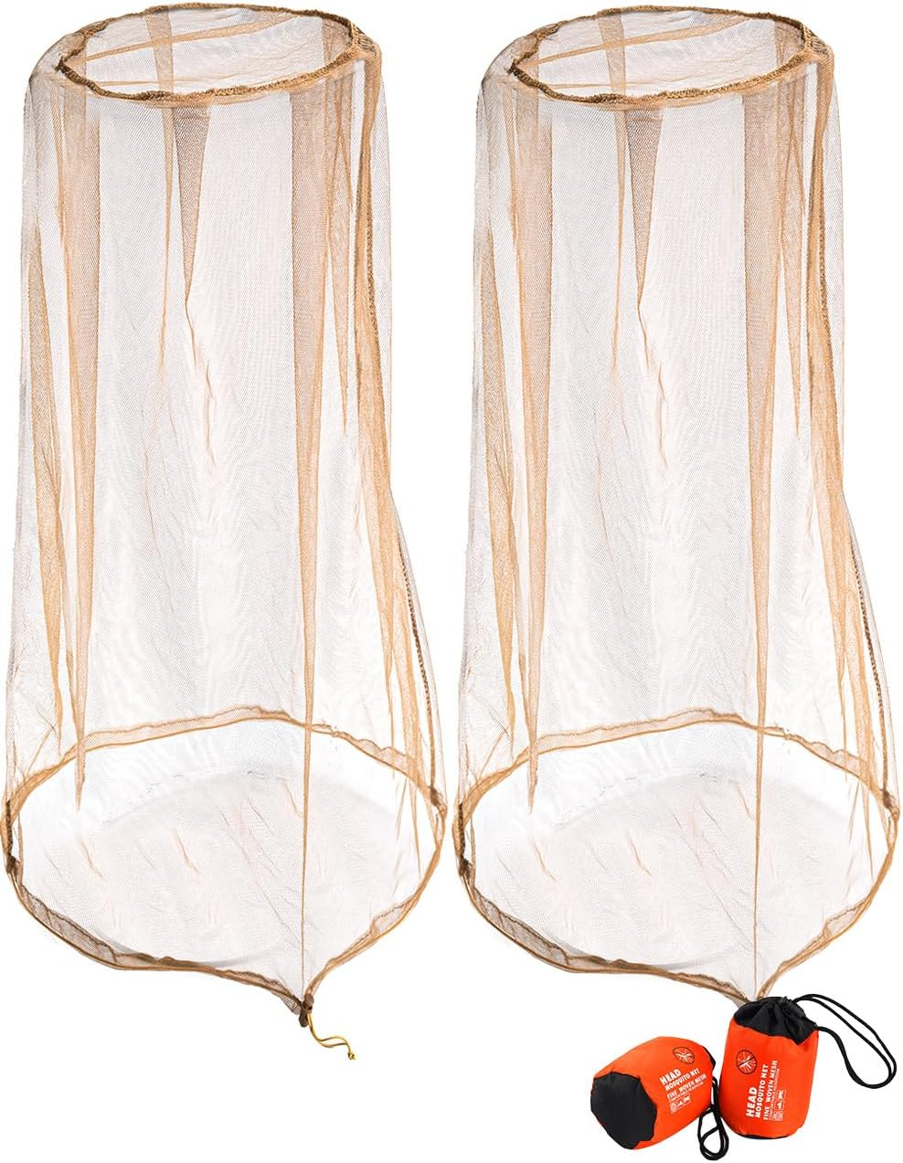 Mosquito Mesh Head Net with Drawstring, Face Netting for Hats & Men/Women - Beekeeper Net Mask Protection for Midge, Bugs & Gnats (2 Packs, Khaki) BIG NET