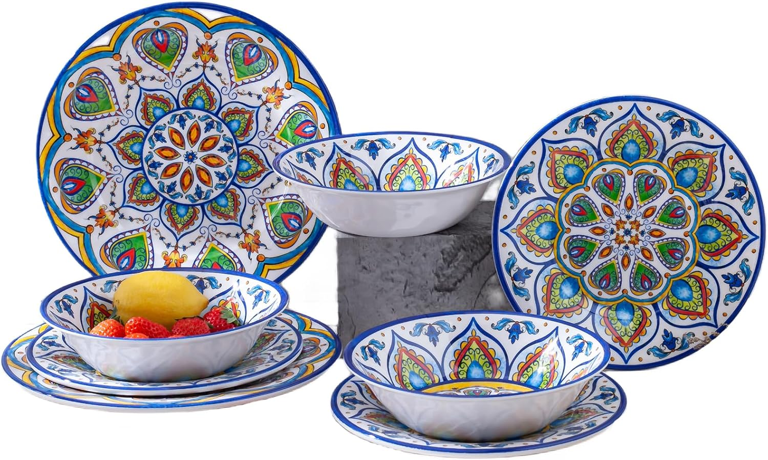 Melamine Dinnerware Set, 12 Pcs Dinner Plates Bowls Sets for Indoor and Outdoor Use, Durable Unbreakable Dishes Sets, Dishwasher Safe, BPA Free, Service for 4