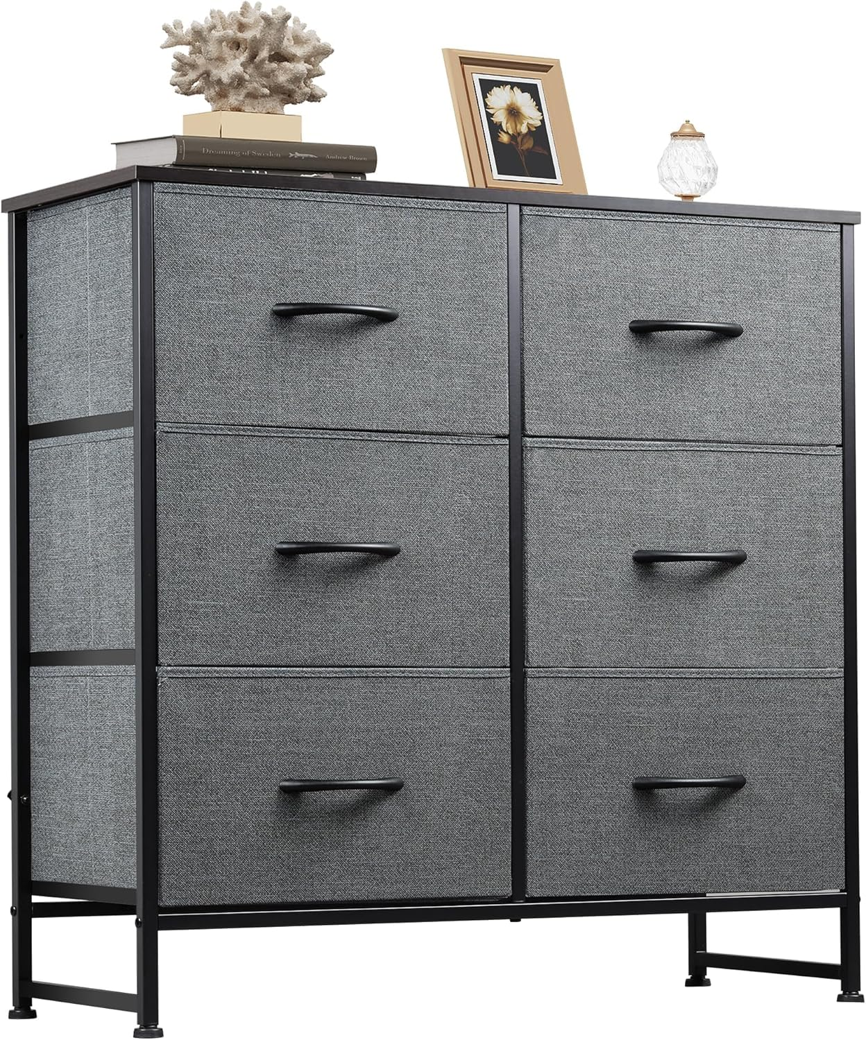 Fabric Dresser for Bedroom, 6 Drawer Double Dresser, Storage Tower with Fabric Bins, Chest of Drawers for Closet, Living Room, Hallway, Dark Grey