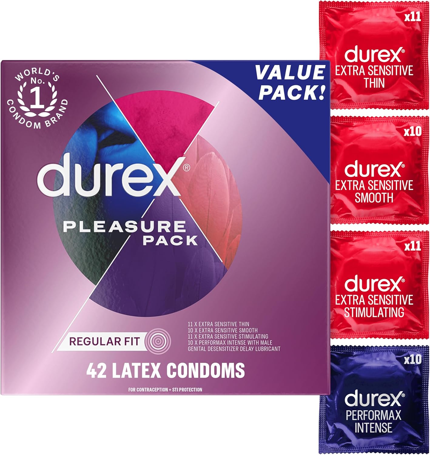 Durex Pleasure Pack Assorted Thin Condoms, Exciting Mix of Sensation and Stimulation, Lubricated Natural Rubber Latex Condoms for Men, 42 Count