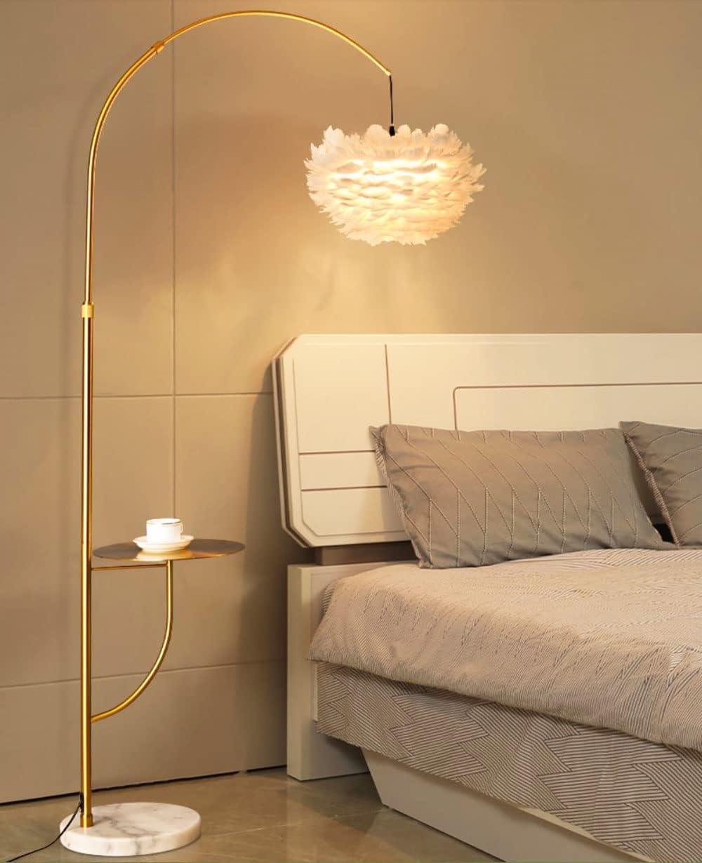 White Feather Floor Lamp with Table,Great Floor Light Height Adjustable (Gold)