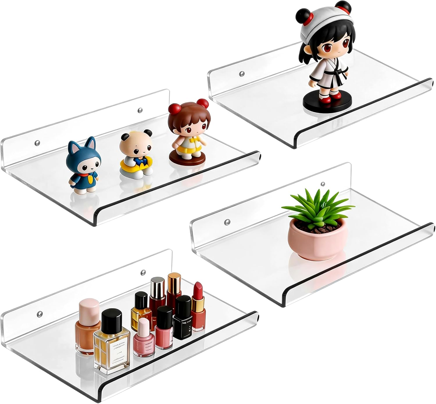 4-Pack Clear Acrylic Floating Shelves with Adhesive & No-Trace Nails - Ultimate No Drill Wall Mounted Display & Storage Organizer for Bathroom, Bedroom, Living Room, Office, 7.87