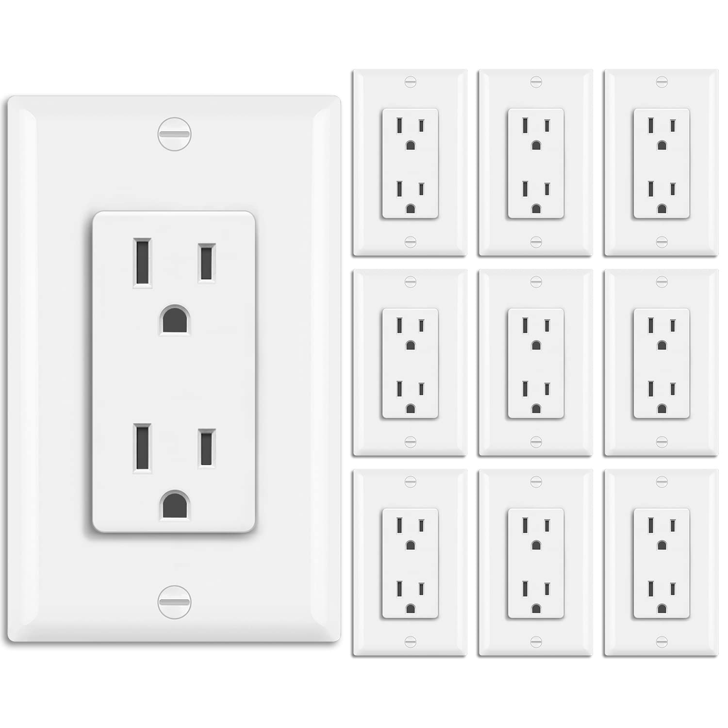 10 Pack -15 Amp Decor Receptacle Outlet for Residential and Commerical Use, 15A/125V/1875W, Standard Electrical Wall Outlet, Decorator Wallplate Included, cUL Listed, White