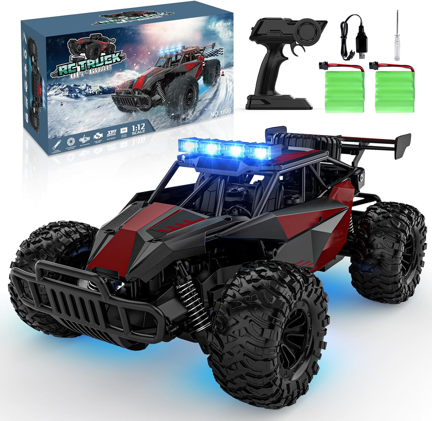 BLUEJAY Remote Control Car, 2.4Ghz High Speed 33KM/H RC Cars Toys, 1:12 Monster RC Truck off Road with LED Headlight and Rechargeable Battery Gifts for Adults Boys 8-12