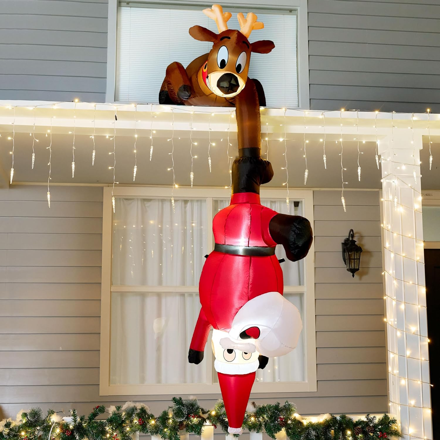 8 FT Hanging Christmas Inflatables Decoration, Christmas Inflatable Reindeer and Climbing Santa, Blow up Santa with Build-In LED for Xmas Party Indoor, Outdoor, Yard, Garden, Lawn Decor