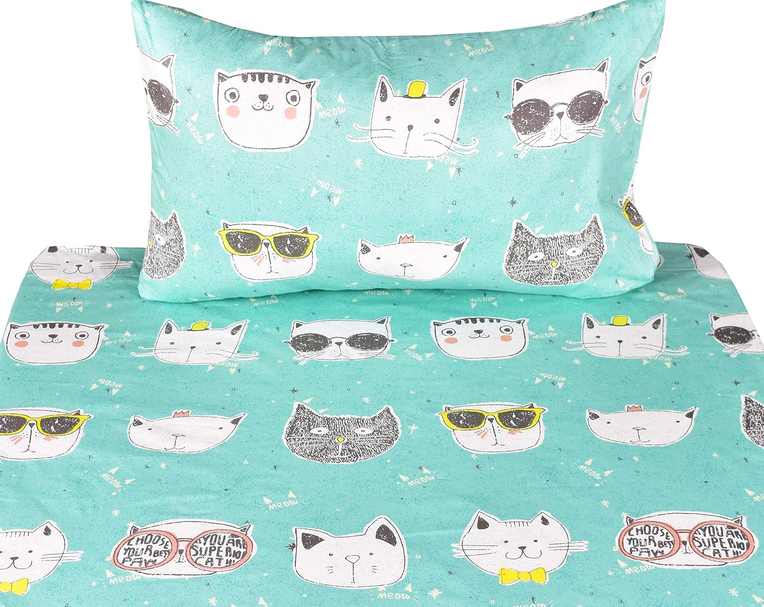 Cats Kitty Cute Twin 100% Cotton 3 Pieces Sheet Set for Kids Girls Children Flat Sheet + Fitted Sheet + Pillowcase Bedding Decoration Gift Set