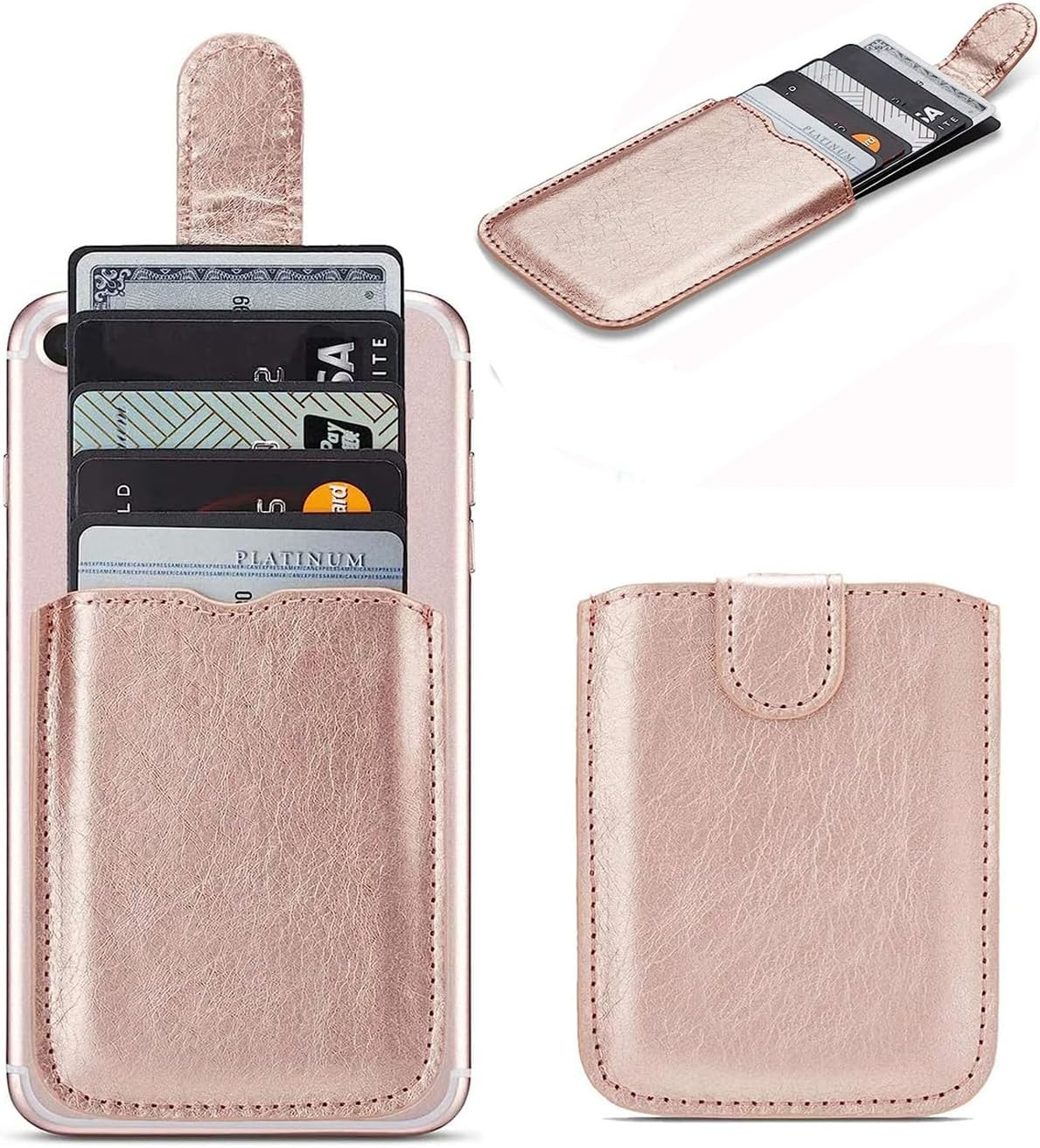 Phone Card Holder RFID Sleeve, Pu Leather Back Phone Wallet Stick-On Pull 5 Card Holder Universally Pocket Covers Credit Cash for Iphone/Android/All Smartphones (Rosegold)