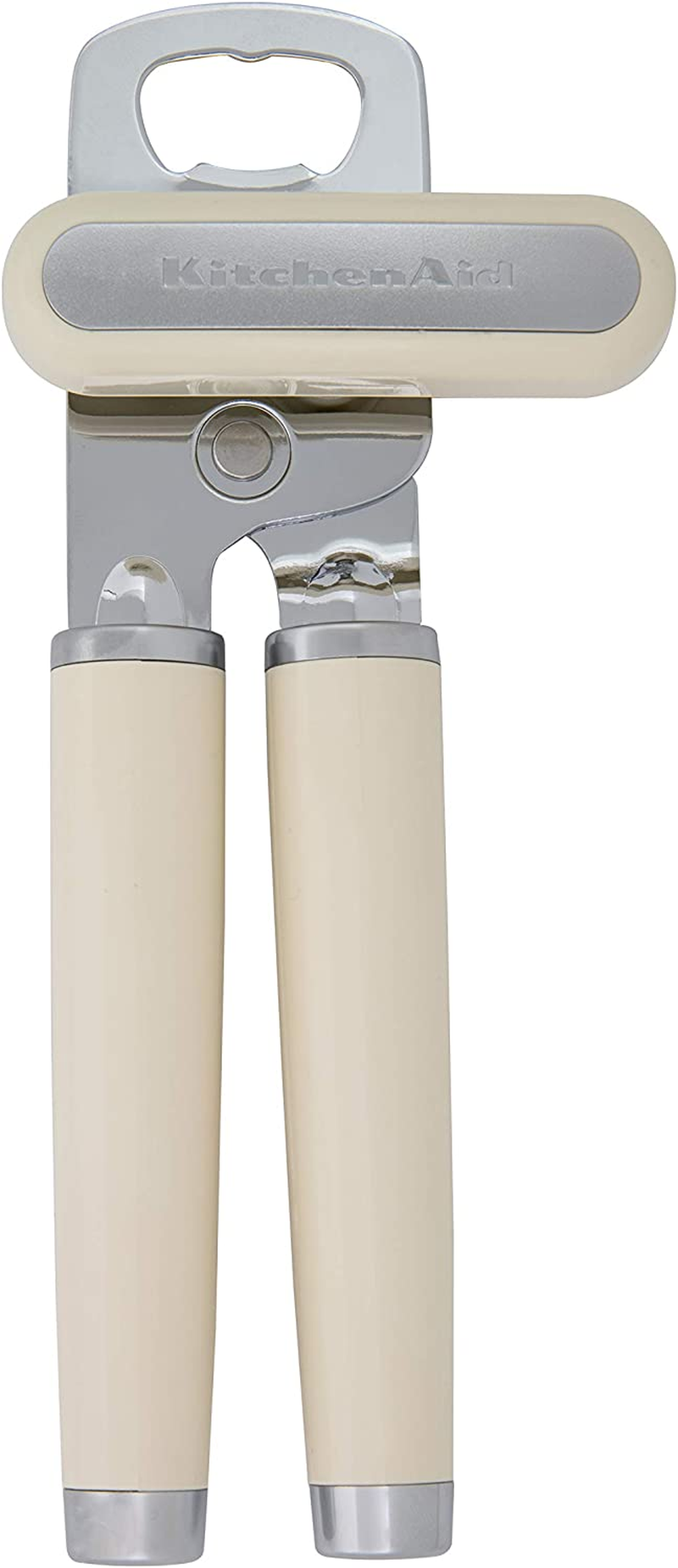 Classic Multifunction Can Opener and Bottle Opener Easy to Use, Razor Sharp Stainless Steel Cutting Wheel, Soft Ergonomic Handles, Almond Cream