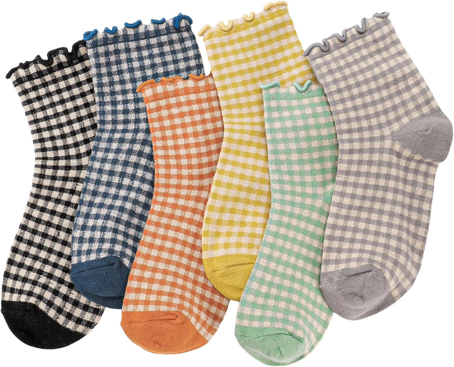6 Pairs Women Ruffle Socks Striped Frilly Socks, Women Cute Socks Checkered Socks Ankle Socks for Women Cotton Knit Casual Crew Socks Size 5-9, Medium