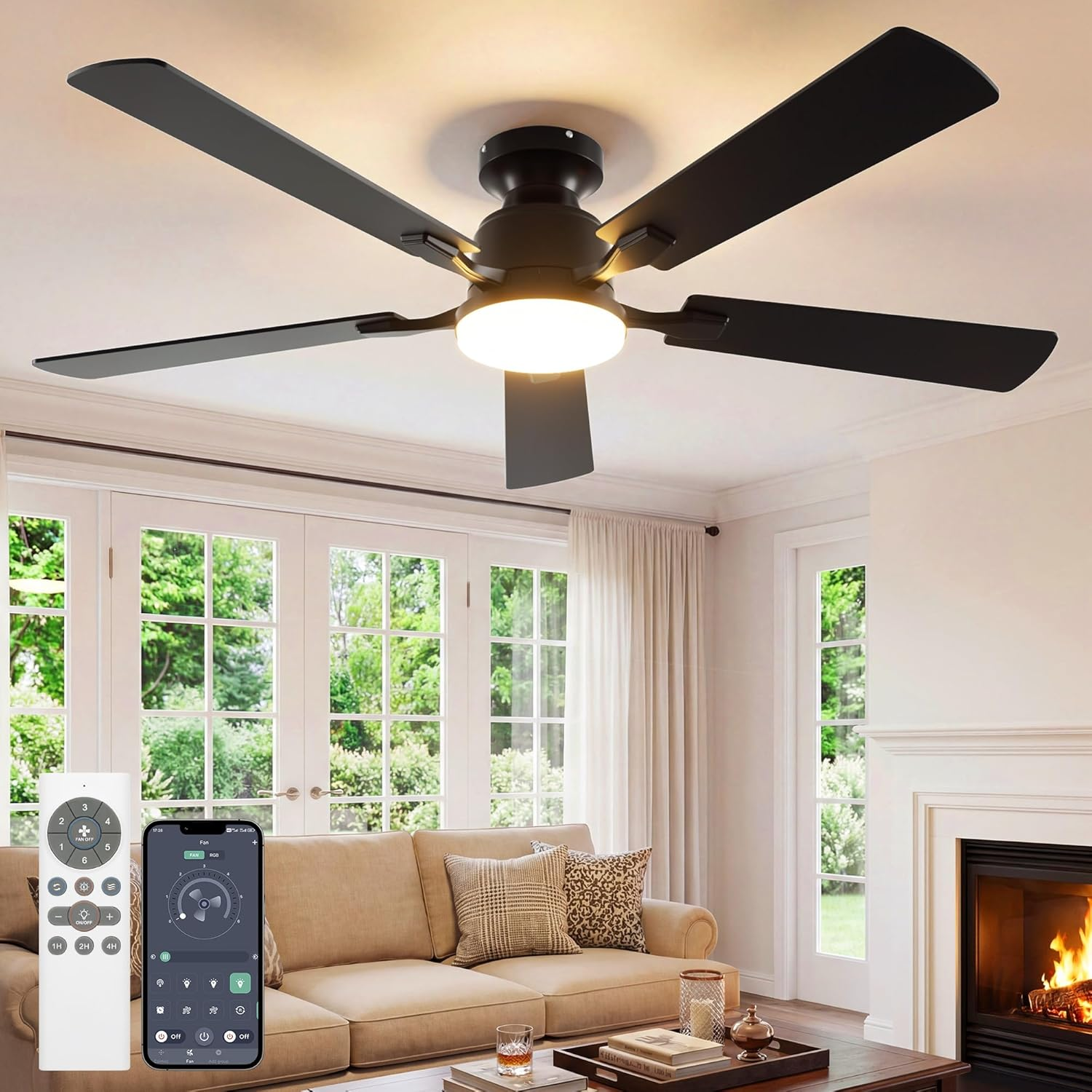 52 Inch Ceiling Fan with Lights Flush Mount, Low Profile Ceiling Fans with Lights, Remote&App Control,Dimmable 22W LED Light,Queit&Reversible Fan, Black Ceilings Fans for Bedroom, Living Room