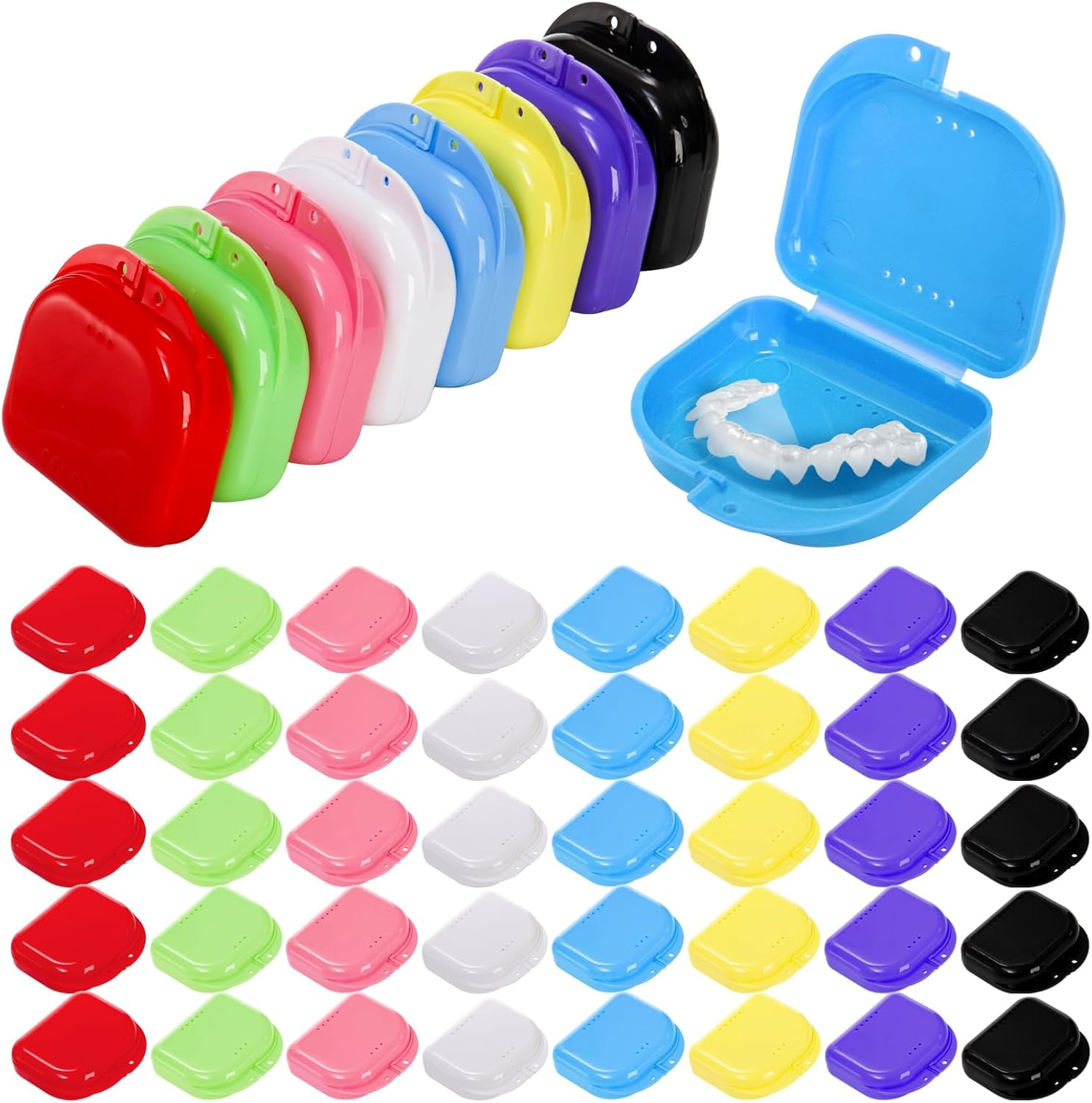 40 Packs Retainer Case, Mouth Guard Cases Denture Case Bulk, Slim Aligner Box with Vent Holes, Assorted Denture Storage Container for Night Guards, Individually Sealed