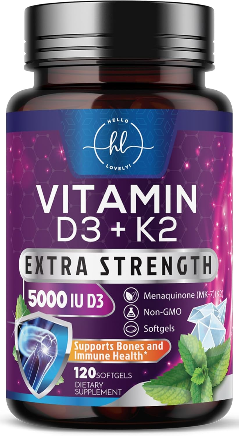 Vitamin D3 K2 Supplement - 5000 IU D3 & 100Mcg K2 (MK7) 2-In-1 Vitamin D & K Complex for Calcium Absorption, Bone, Teeth, Heart & Immune Support, Easy to Swallow, Non-Gmo & Gluten Free - 120 Softgels
