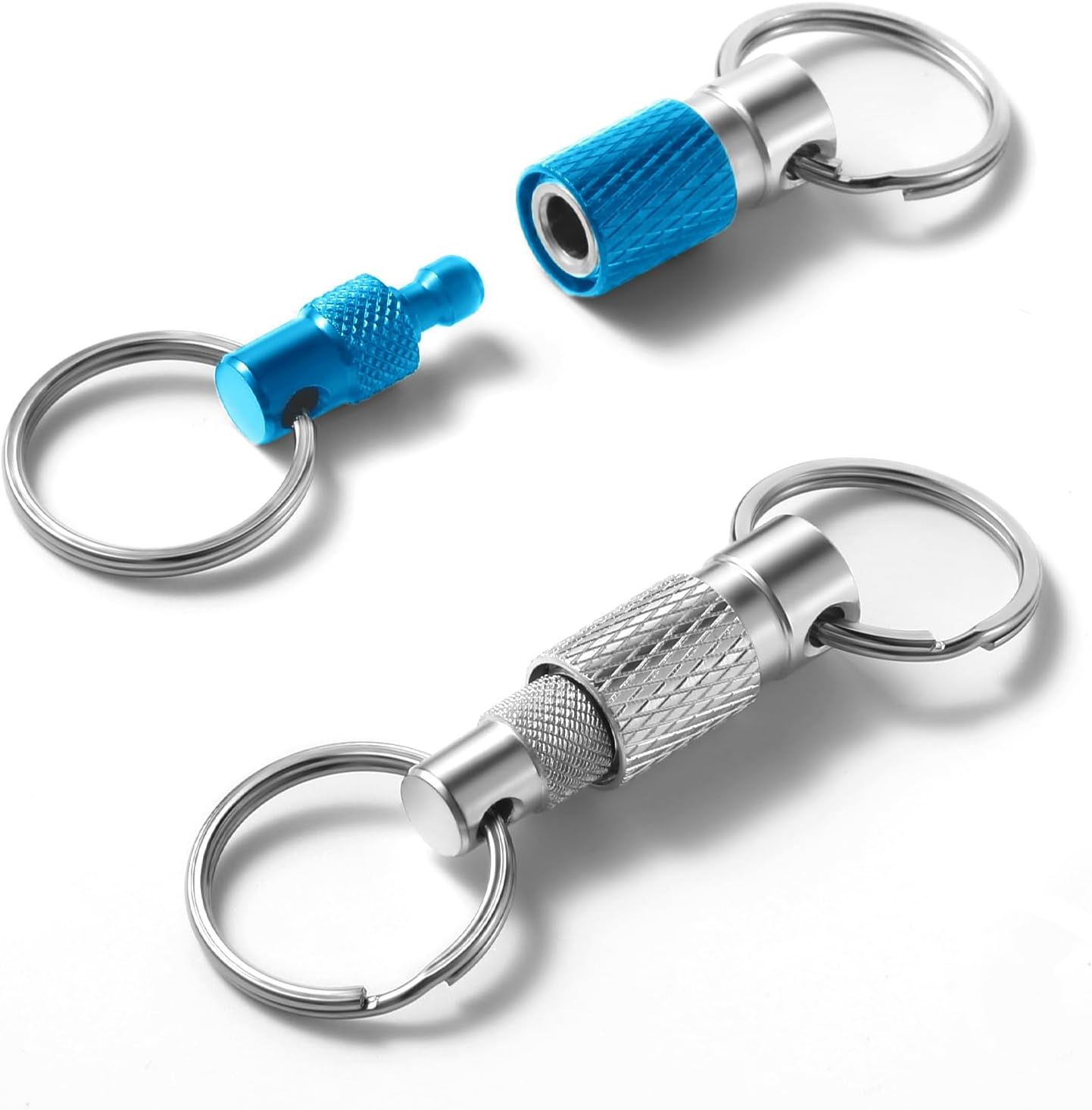 Quick Release Keychain for Men, Detachable Keychain Quick Release Key Ring, Quick Pull Apart Keyring with 2 Split Rings, Metal Safety Keychain for Car Purse Bag Accessories (Blue Silver, 2Pack)