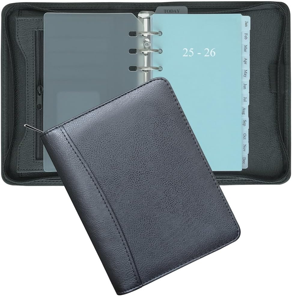 Fan&Ran 2025-2026 Zippered Planner Organizer, Weekly and Monthly Refills with Simulated Leather Cover, Personal Size, Black