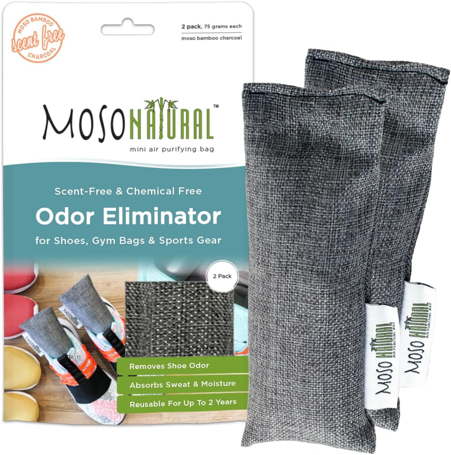 Moso Natural Shoe Deodorizer Insert | Charcoal Odor Absorber for Shoes | Gym Bag & Boot Deodorizer | Long-Lasting Shoe Odor Elimination | Unscented Air Purifying Bags (Two per Pack)