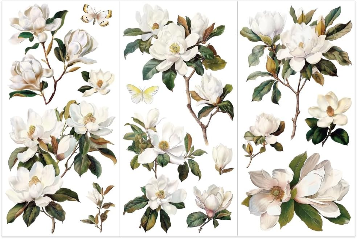 3pcs/Set White Magnolia Rub on Transfers for Crafts and Furniture 6x12 inch Flower Decor Transfer Stickers Vintage Floral Transfers for Wood Furniture Scrapbooking Home Decorations