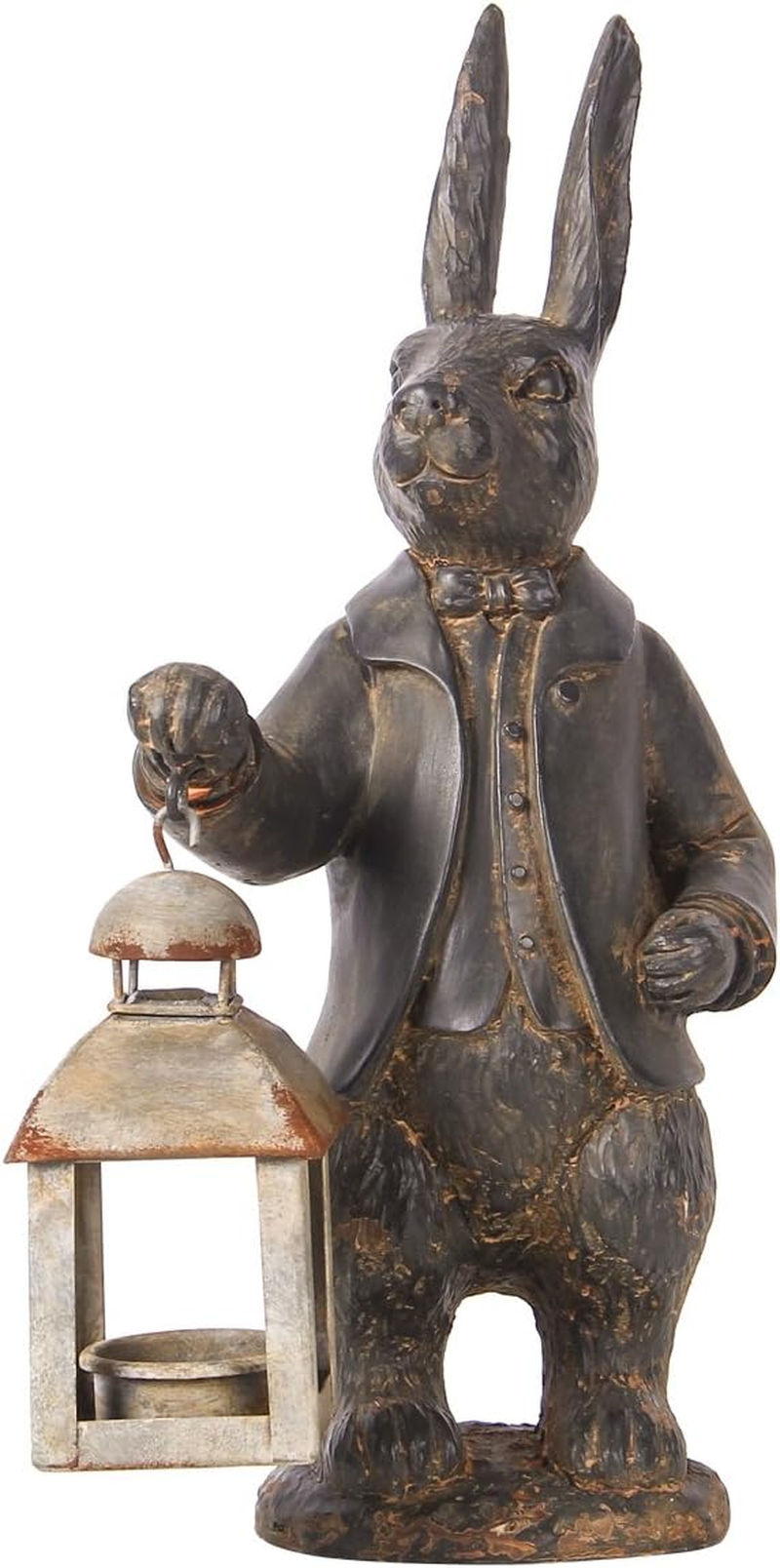 Easter Bunny Decorations, Vintage Resin Bunny Figurine with Lantern, Metal Rabbit Tealight Candle Lantern Holder Rabbit Outdoor Statues Gift for Garden Home