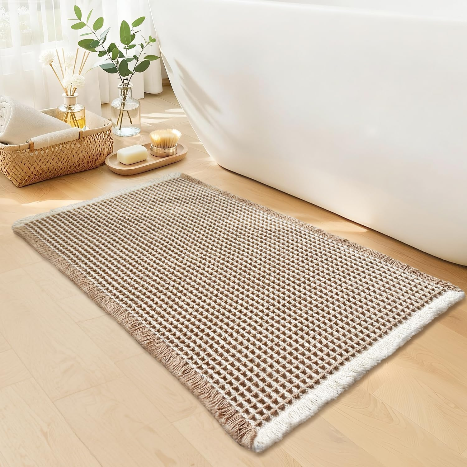 Waffle Bath Mat - Boho Bathroom Rugs Non Slip Washable, Super Absorbent & Quick Dry, Small Bath Mats Farmhouse Bathroom Decor, 18'' X 30'', Khaki and White