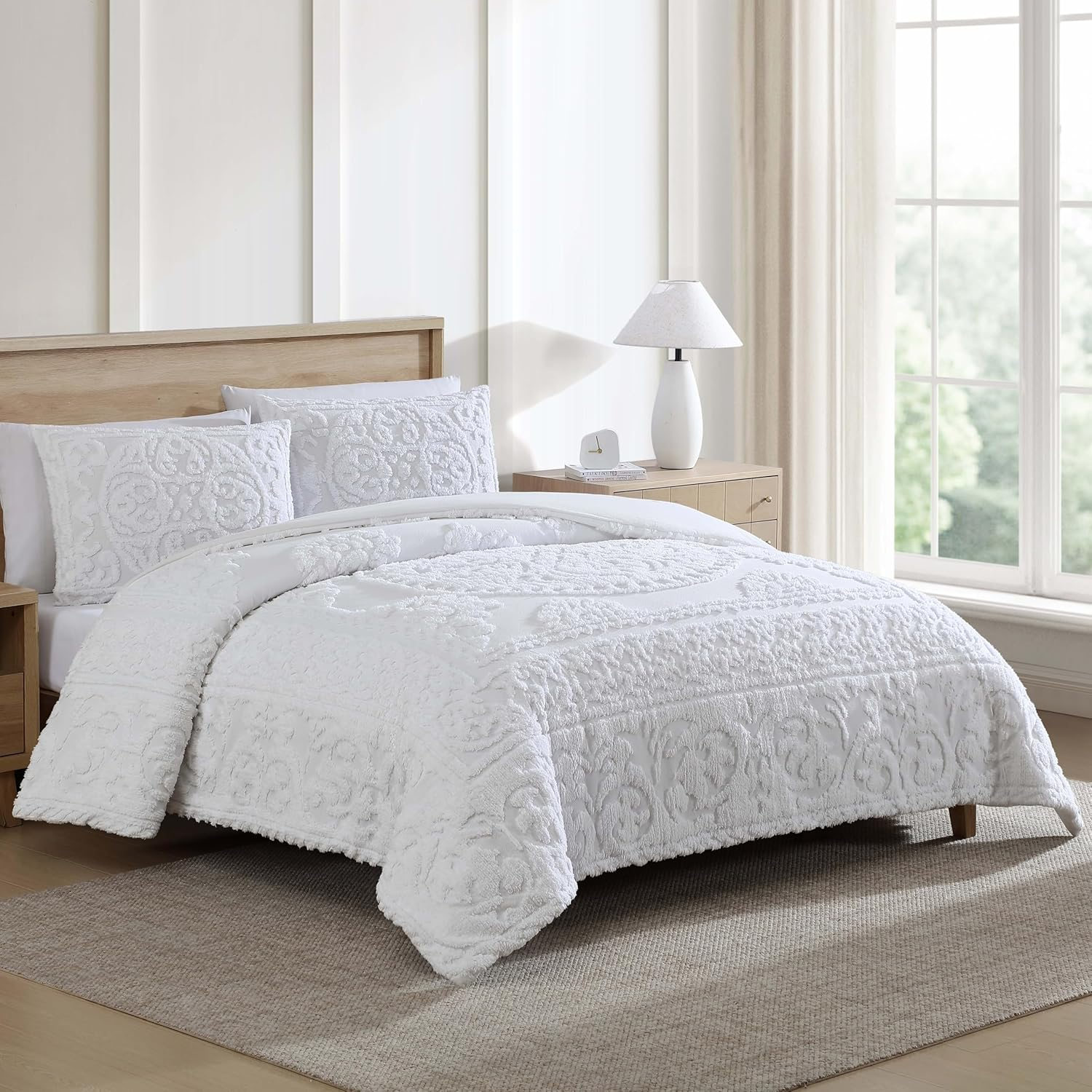 Medallion Tufted Chenille Comforter 3-Piece Set, Cotton, All Season Cozy Bedding, Queen, White