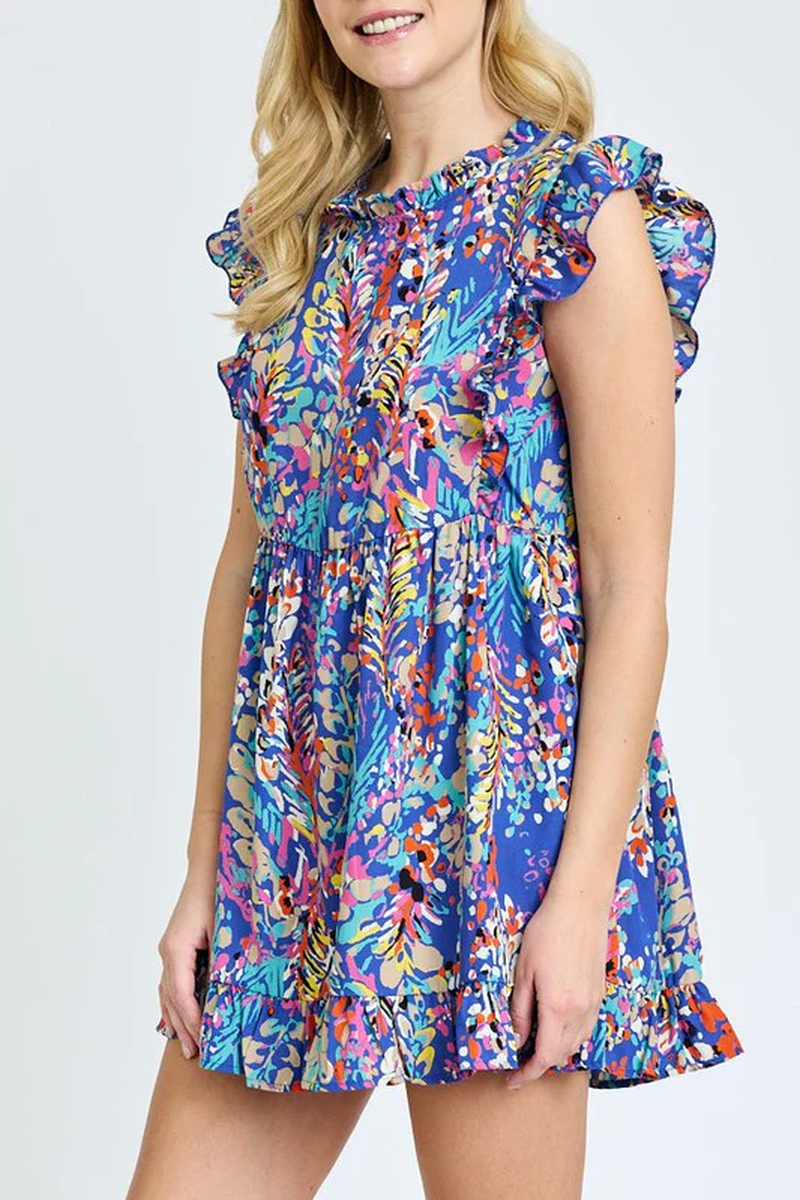 Ruffle Floral Leaf Woven Tunic Top