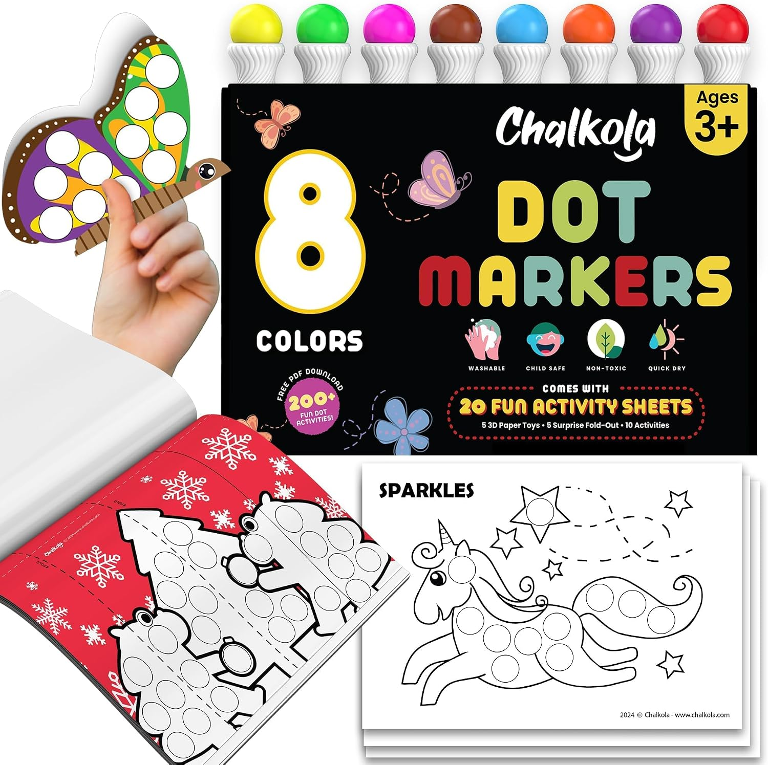 8 Washable Dot Markers for Toddlers - Kids Paint Dot Art Set | 20 Page Colouring Activity Book Kit, Bingo Daubers, Preschool Toddler Arts & Crafts Supplies for Kids Ages above 3 Years Old