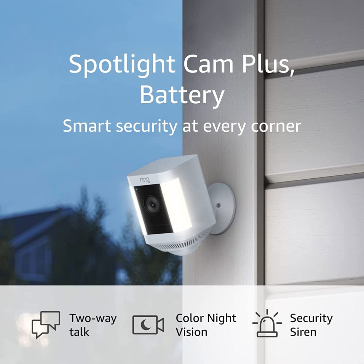 Ring Spotlight Cam Plus, Battery | Two-Way Talk, Color Night Vision, and Security Siren (2022 Release) - White