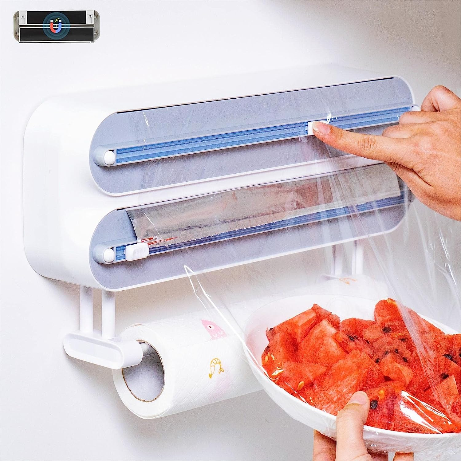 Magnetic Plastic Wrap Dispenser with Cutter - Refillable Aluminum Tin Foil and Plastic Wrap Organizer for Kitchen, Quasziwa Upgraded 3 in 1 Paper Towel Holder Wall Mount - Fits 12