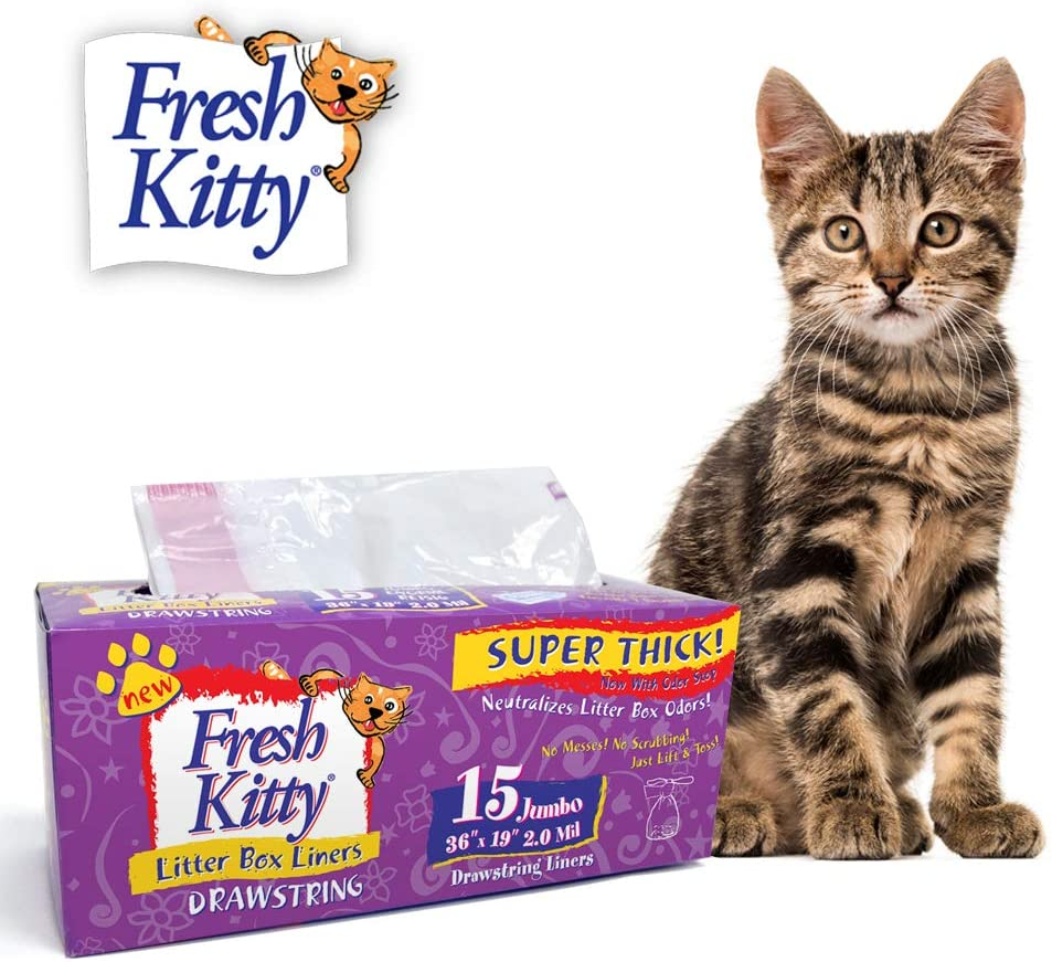 15 Count Fresh Kitty Litter Box Liners Super Thick, Durable, Easy Clean up Jumbo Drawstring Scented Litter Pan Box Liners, Bags for Pet Cats