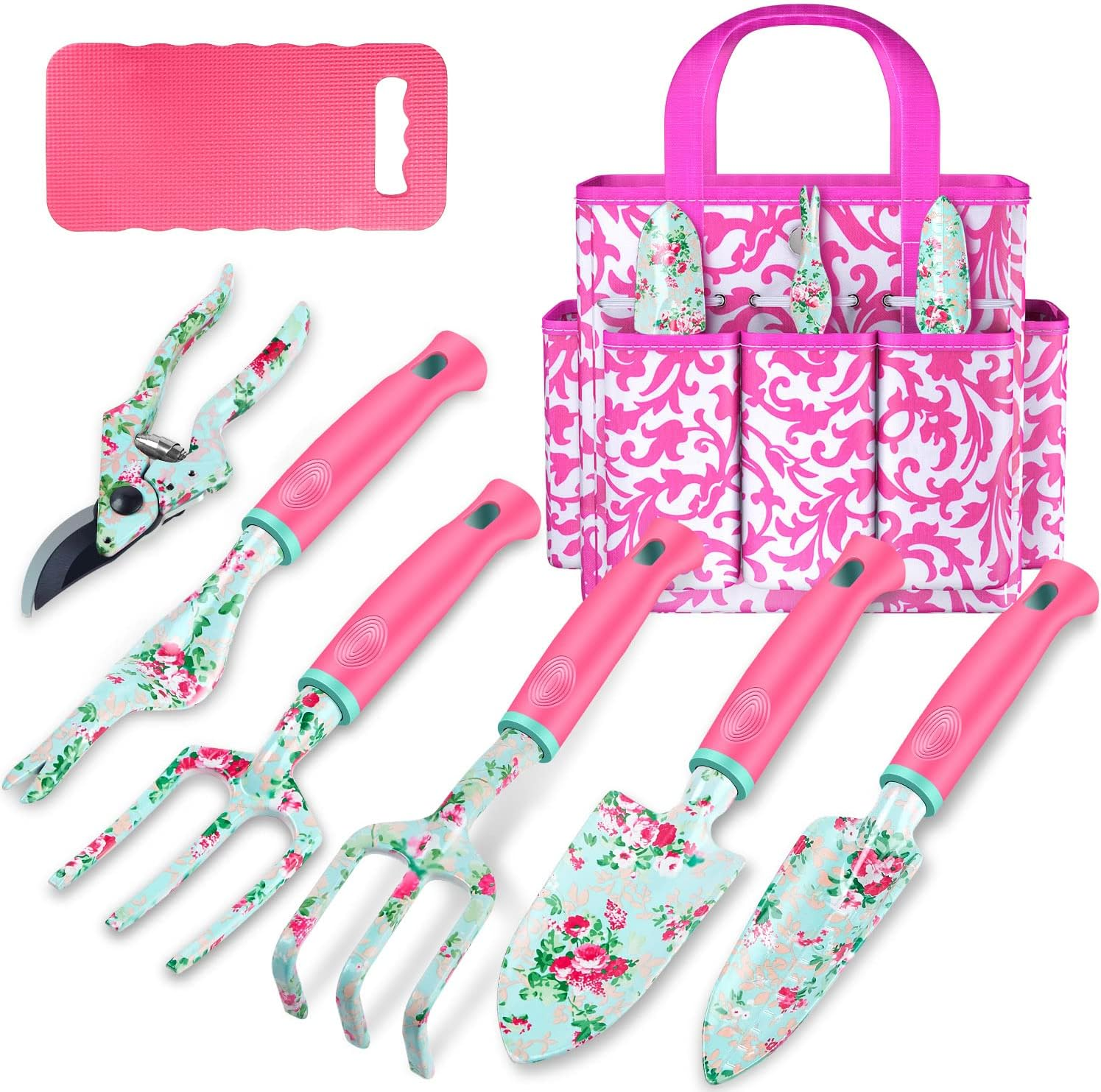 Gardening Tools, 8 Pcs Heavy Duty Floral Garden Tool Set Birthday Gifts for Women Rose Red Gardening Kit (Garden Tool Bag Kneeling Pad Weeder Fork Hand Rake Pruning Shears Trowel Transplanter)