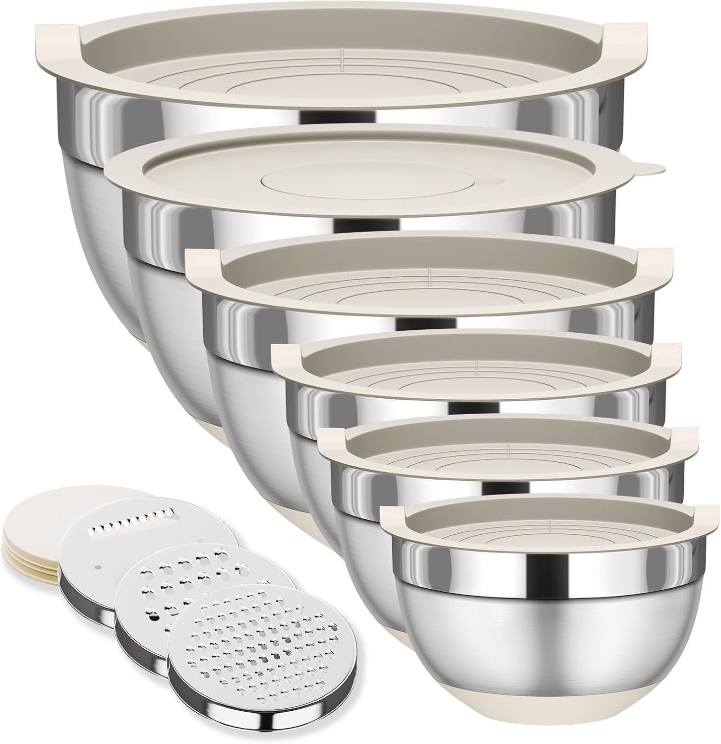 6PC Boles Mezcla Acero Inoxidable Con Tapas Antideslizante Y 3 Ralladores Cocina