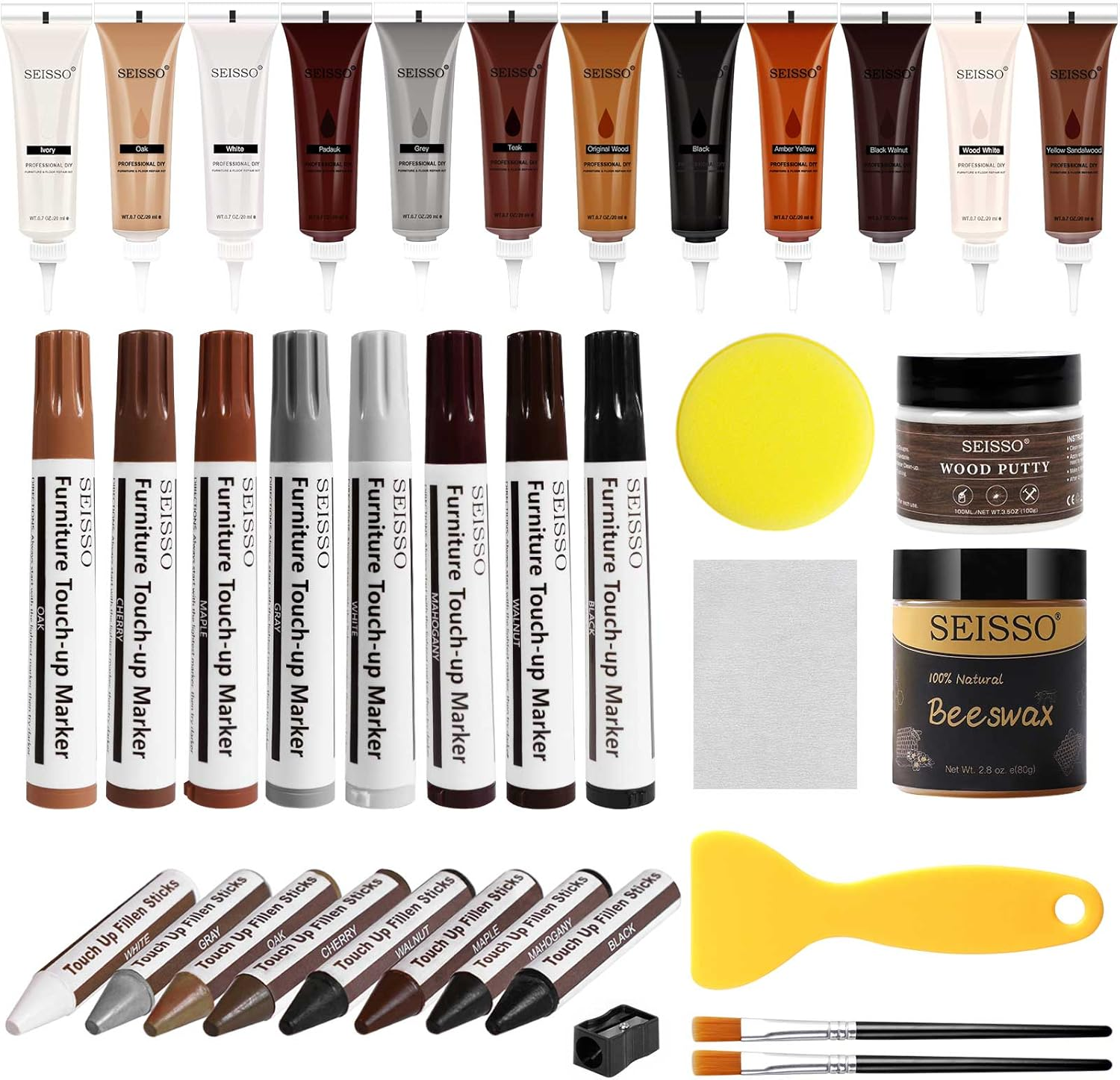 Wood Furniture Repair Kit, 12 Colors Wood Fillers, Wood Putty with Beeswax, Furniture Touch up Markers with Wood Crayons, Hardwood Floor Repair Kit for Stains, Scratch, Cracks, Hole
