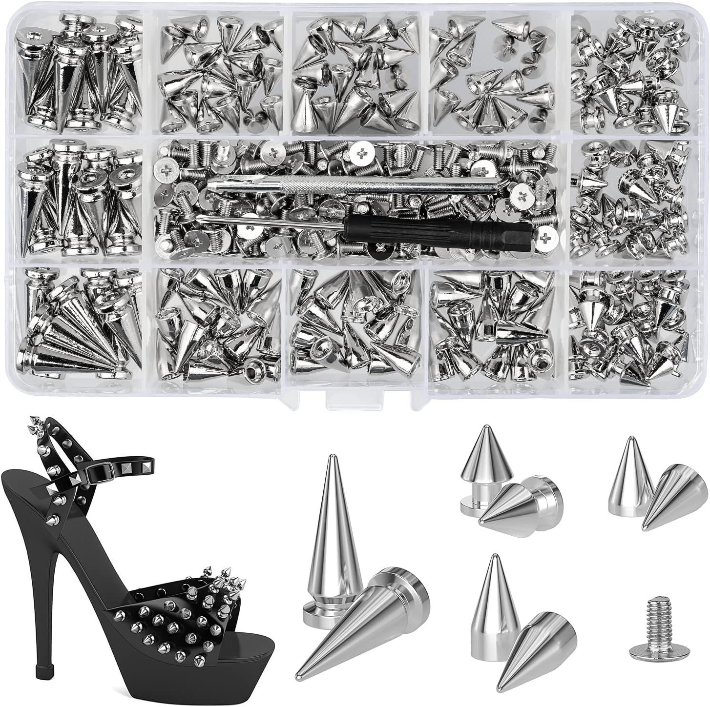 360 Pcs Punk Spikes and Studs Kit, Multiple Size Cone Spikes for Clothing, Punk Rock Style Studs and Spikes for DIY Leathercraft Decoration, Suitable for Clothing, Dog Collars, Belts, Bags